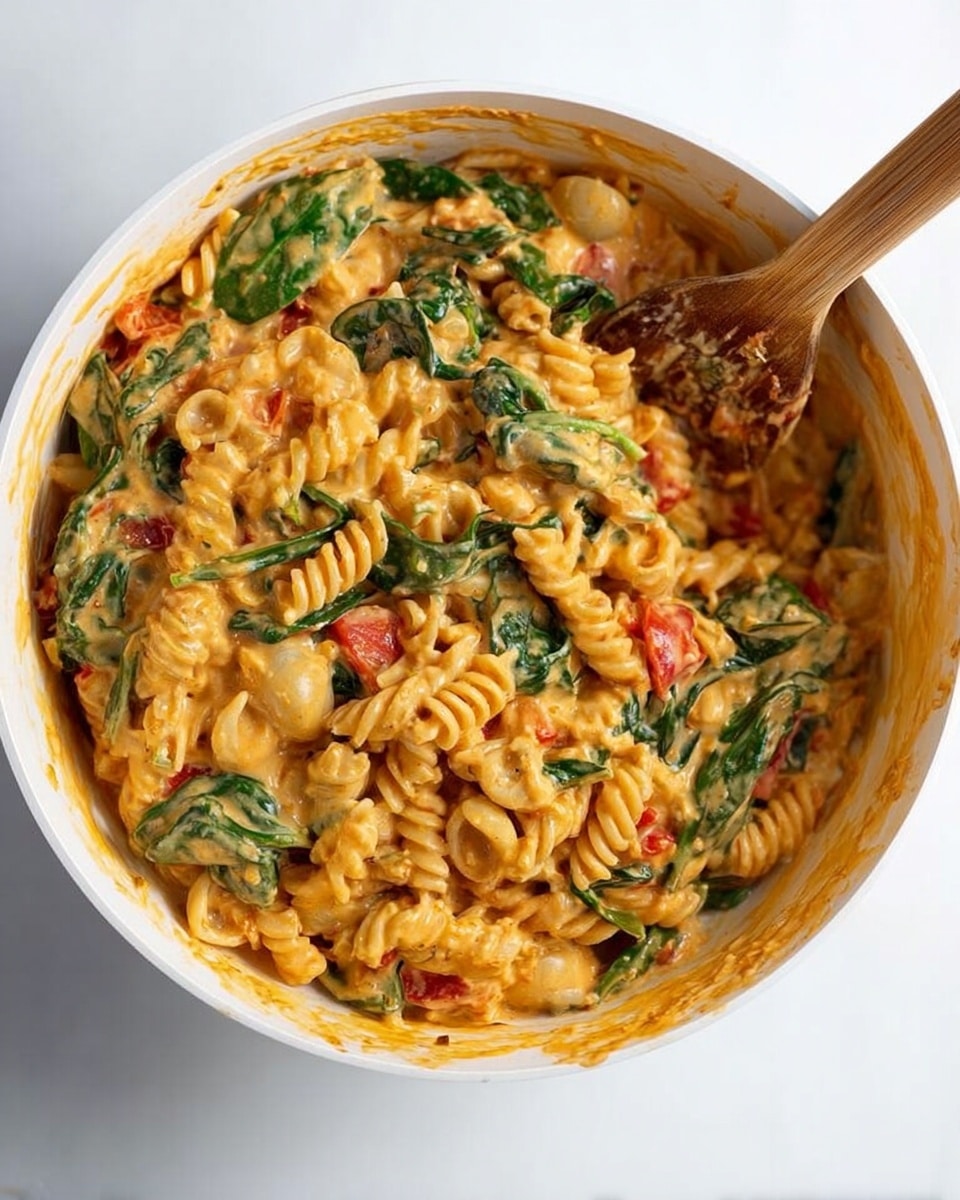 A white bowl filled with a creamy pasta mix that has three main layers visible: the bottom shows spiral and shell pasta in a light orange sauce, the middle layer has cooked green spinach leaves, and the top layer shows small pieces of red tomato scattered throughout; a wooden spoon is inside the bowl on the right side, partially covered in sauce, with sauce stains around the inner edge of the bowl; the bowl is placed on a white marbled surface photo taken with an iphone --ar 4:5 --v 7