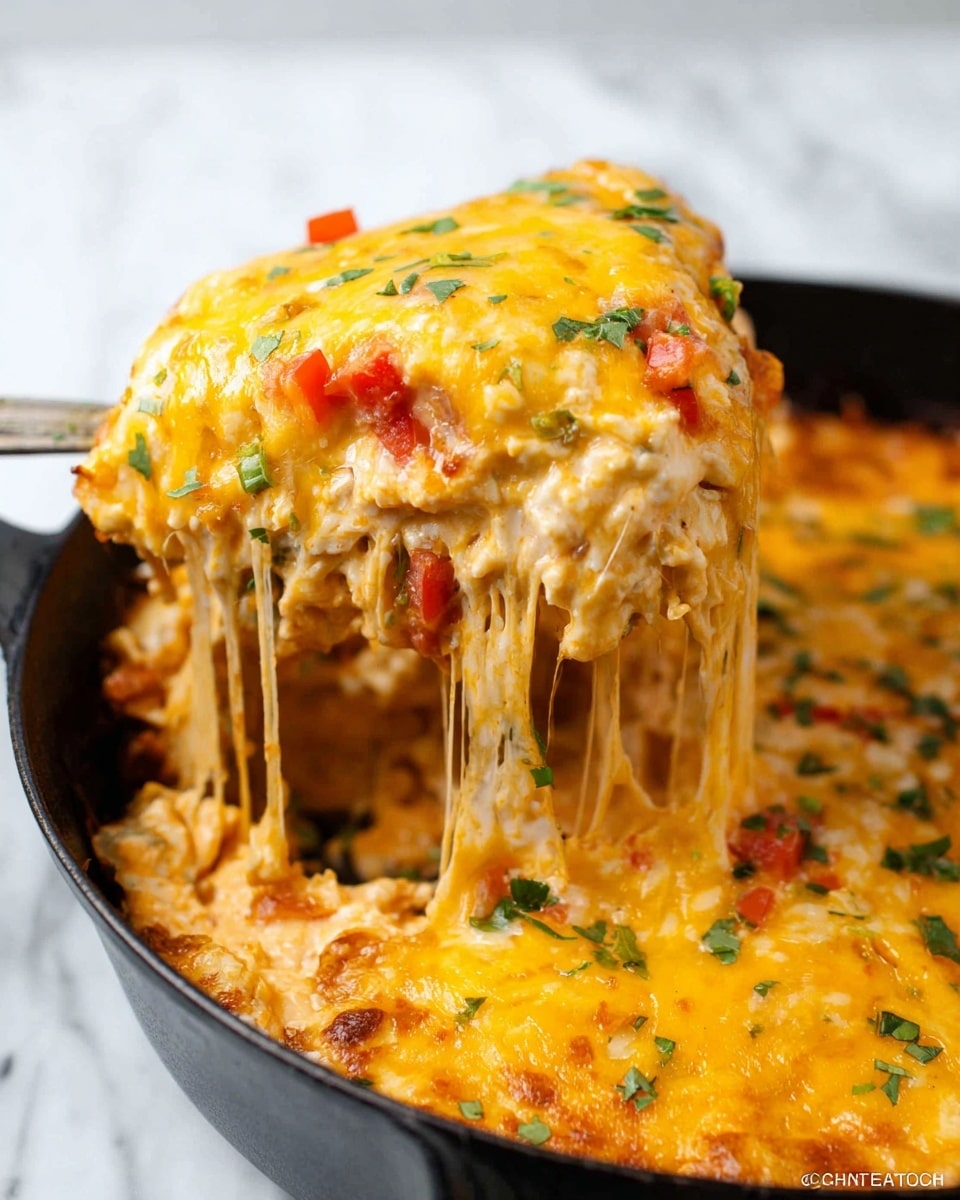 The dish is a cheesy casserole served in a dark pan, with layers visible as a scoop is lifted. The top layer is melted bright yellow cheese mixed with small bits of green herbs and red pieces, possibly peppers or tomatoes. Below that is a creamy, thick, orange-colored mixture with a soft texture. Stretched melted cheese strings hang down from the lifted scoop, showing a gooey and rich consistency. The background surface is white marble. Photo taken with an iphone --ar 4:5 --v 7