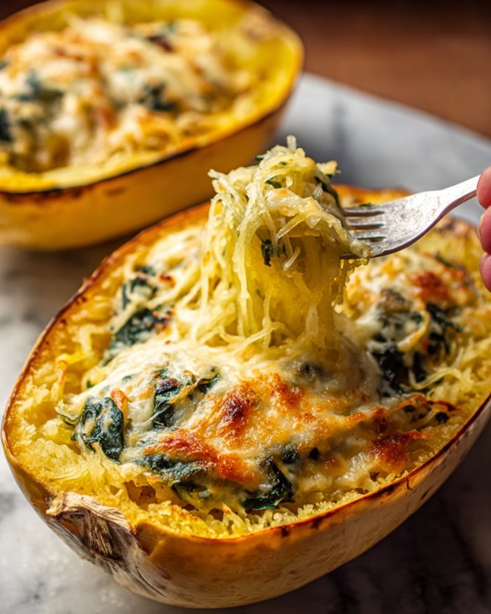 The image shows a white spaghetti squash filled with layers of cooked spaghetti squash strands mixed with melted cheese and dark green spinach leaves, topped with a golden-brown baked cheese crust. A woman's hand is holding a fork lifting a twirling bite from the squash, showing the stringy texture of the squash and creamy sauce beneath the browned top. The squash rests on a white marbled surface with another similar squash in the foreground, slightly out of focus. The photo has warm lighting that highlights the creamy and crispy textures. Photo taken with an iphone --ar 4:5 --v 7