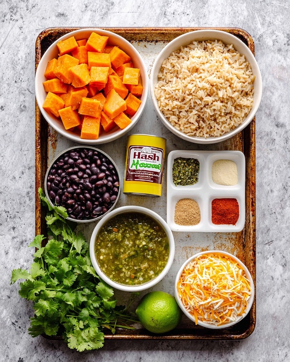 The image shows a worn metal tray placed on a white marbled surface with several items arranged neatly inside. In the top left, there is a white bowl filled with orange cubed sweet potatoes. Next to it on the right is another white bowl filled with light brown cooked rice. Below the sweet potatoes, there is a can of black beans lying diagonally, and beside it, a small yellow can of diced green chilies stands upright. To the right of the chilies, a small white bowl contains five different spices, including red, beige, and green powders arranged in separate groups within the bowl. Below the cans, there is a white bowl with green salsa, showing a textured liquid with seed bits. Next to it on the right, a white bowl holds grated orange and white cheese mixed together. At the bottom right, a whole green lime rests on the tray, and a fresh bunch of green cilantro lies at the bottom left corner of the tray. Photo taken with an iphone --ar 4:5 --v 7
