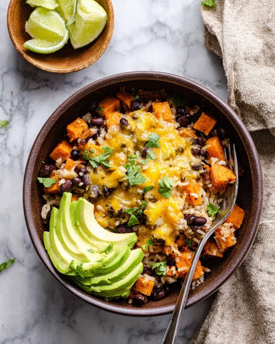 A brown bowl filled with a mix of small orange sweet potato cubes, black beans, and brown rice, topped with melted yellow cheese and small green cilantro leaves. On one side of the bowl, three slices of light green avocado are neatly placed. A silver fork rests inside the bowl to the left. In the upper left corner, a small wooden bowl holds three lime wedges, and a beige cloth is partially visible on the right side. The background is a white marbled surface photo taken with an iphone --ar 4:5 --v 7