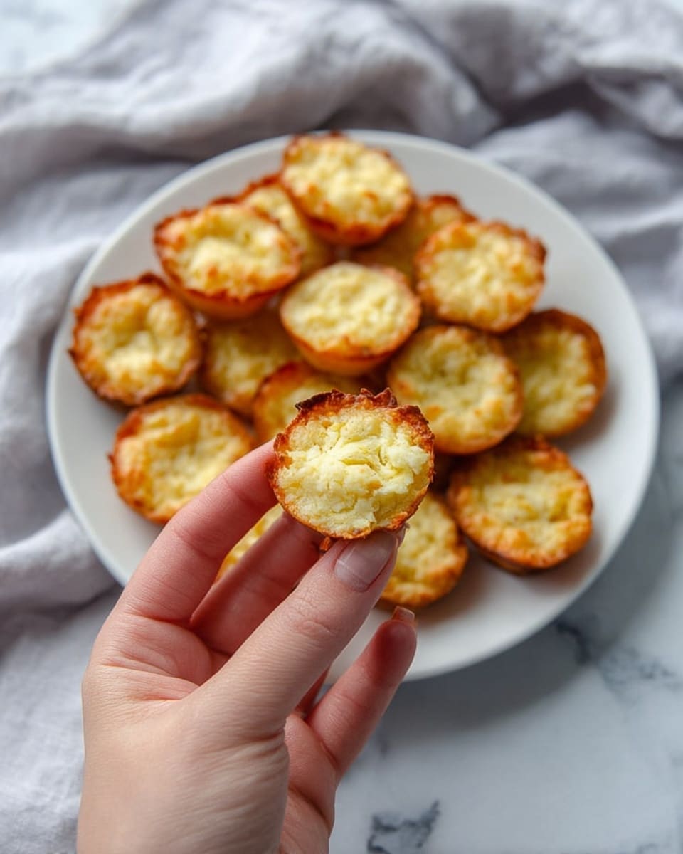 A white plate filled with about a dozen small, round, golden brown baked snacks that have a slightly crisp edge and soft, pale yellow centers. One of the snacks is held close to the camera by a woman's hand, showing the texture clearly with small bits inside the soft middle. The background features a white marbled surface partially covered with a light gray cloth. The lighting is soft and natural, creating a warm and inviting look. photo taken with an iphone --ar 4:5 --v 7