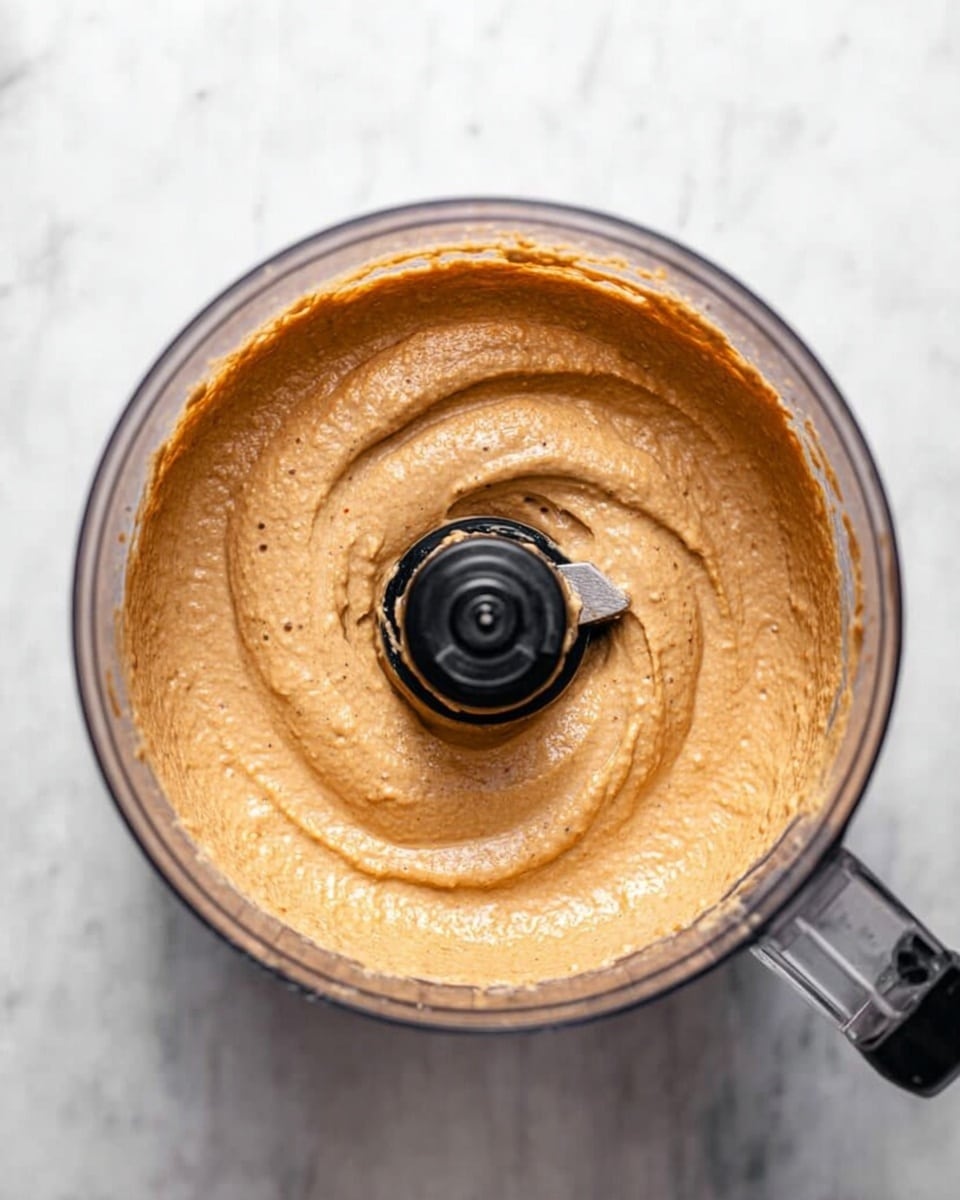 A clear food processor bowl filled with a smooth, thick light brown creamy mixture that almost looks like a nut butter or dip. The texture is even with small air bubbles giving it a fluffy look. The bowl is set on a white marbled surface, and the center of the mixture is slightly swirled around the dark blade in the middle. The handle of the food processor bowl is visible on the right side. Photo taken with an iphone --ar 4:5 --v 7