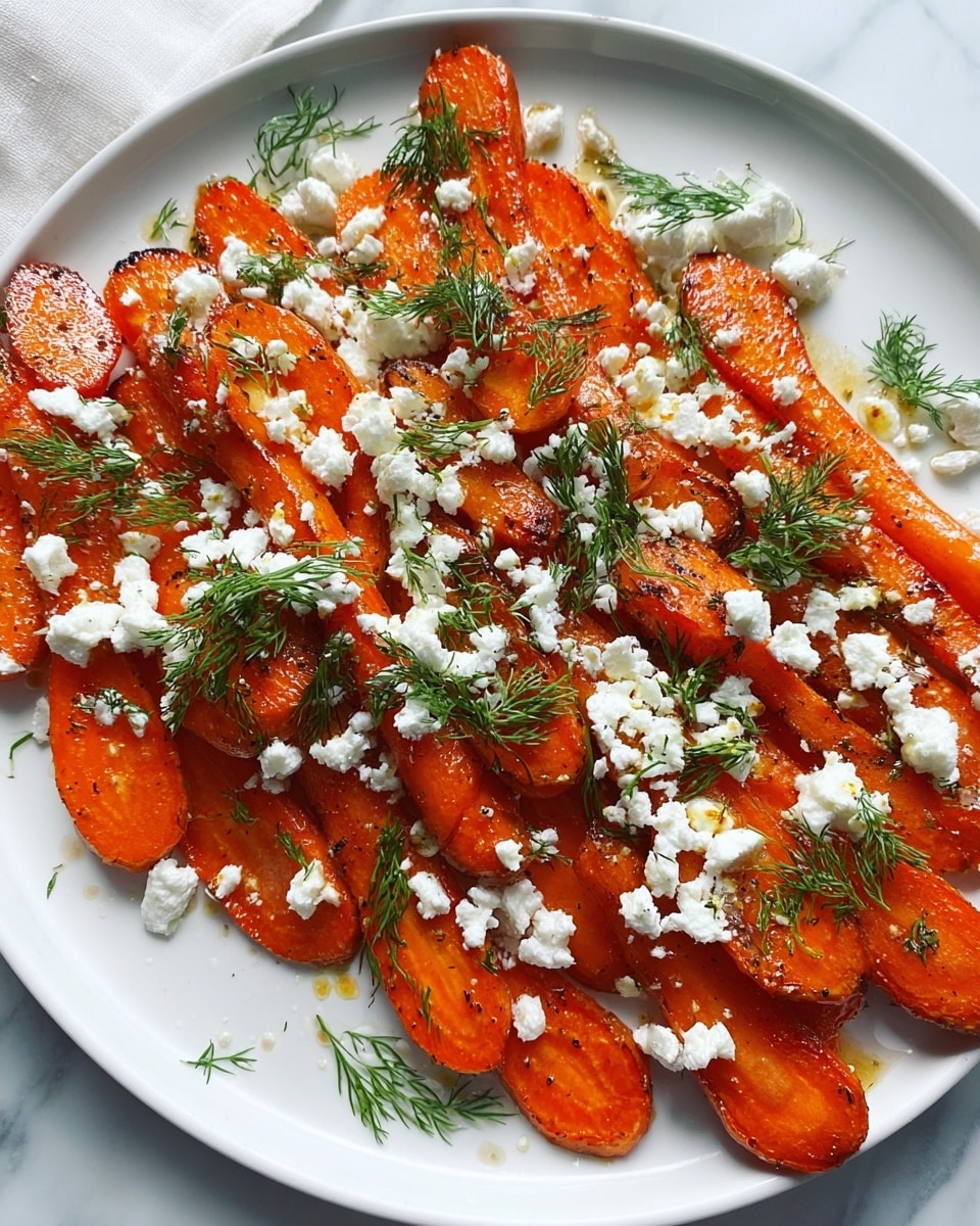 A white plate holds a layer of bright orange roasted carrot halves with a slightly shiny texture and browned edges, arranged closely side by side. Over the carrots, there is a generous sprinkling of crumbly white cheese scattered unevenly across the top. Small sprigs and leaves of fresh, bright green dill are placed on and around the cheese, adding a touch of color contrast and freshness. The plate is set on a white marbled surface with a bit of natural light highlighting the glossy carrots and the soft texture of the cheese. photo taken with an iphone --ar 4:5 --v 7
