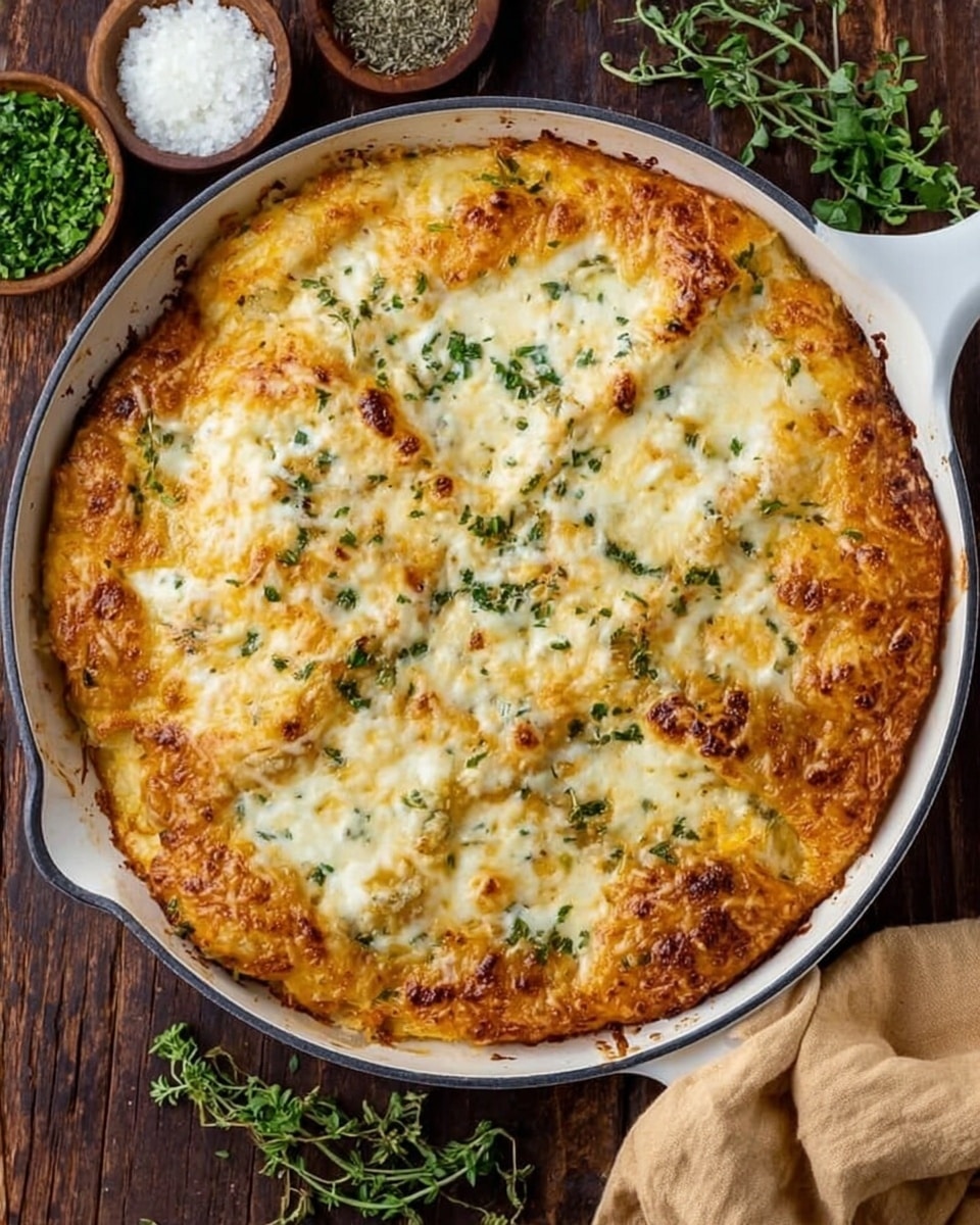 This image shows a skillet with a thick, golden-brown baked dish being lifted out by a spatula. The dish has three visible layers: the bottom layer is a light, fluffy dough base, followed by a middle layer of melted white cheese that stretches in long thin strings as the slice is lifted, and the top layer is a golden, slightly crispy cheese crust with hints of green herbs sprinkled on top. The skillet sits on a white marbled surface. Woman's hand holds the spatula lifting the slice, showing the texture and stretchiness of the cheese clearly. Photo taken with an iphone --ar 4:5 --v 7