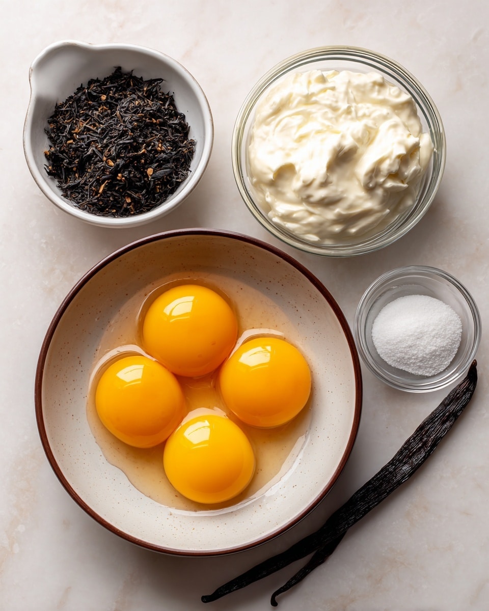 A white bowl with a brown rim holds six bright yellow egg yolks with a smooth texture at the bottom center. Above the bowl, a small ceramic measuring cup labeled