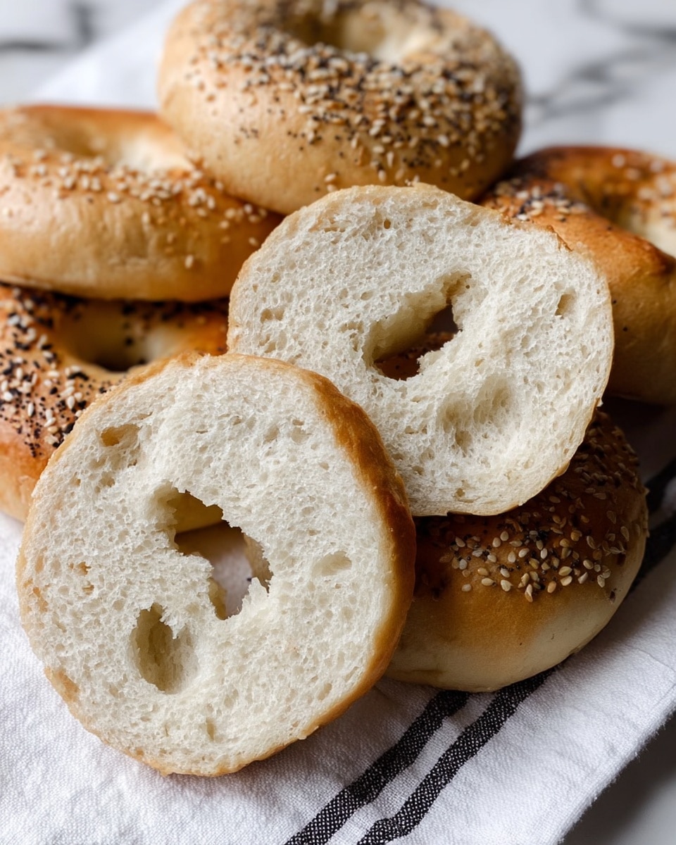 A pile of soft, light brown bagels rests on a white cloth with thin black stripes, placed on a white marbled surface. Two bagels, sliced open and showing their airy, pale, and slightly porous interiors, lie on top in the foreground. Surrounding them are whole bagels, some sprinkled with white sesame seeds and others with dark poppy seeds, showing their smooth, glossy surfaces. The arrangement focuses on the texture contrast between the crust and the soft inside of the bagels. photo taken with an iphone --ar 4:5 --v 7