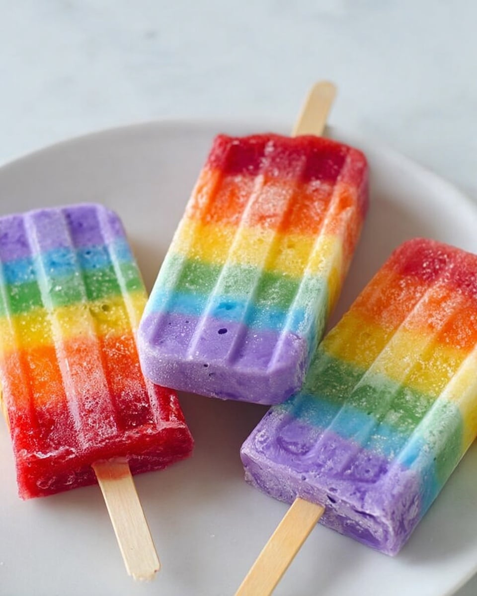 The image shows three popsicles lying on a white plate with a white marbled surface underneath. Each popsicle has six colorful layers, starting from the top with red, followed by orange, yellow, green, blue, and ending with purple at the bottom. The popsicles have a slightly frosty texture with some small air bubbles visible. Each one has a light wooden stick coming out from the bottom center. One popsicle is placed vertically in the middle, while the other two are angled on either side. Photo taken with an iphone --ar 4:5 --v 7