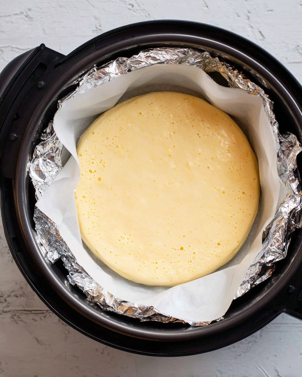 A top-down view of a single round layer of light yellow batter with a smooth and slightly bubbly texture, sitting inside white parchment paper that is folded around the edges. The parchment paper and batter are placed inside a black round cooking appliance with two handles, which is lined with crumpled pieces of silver foil around the sides. The surface below is a white marbled texture. photo taken with an iphone --ar 4:5 --v 7