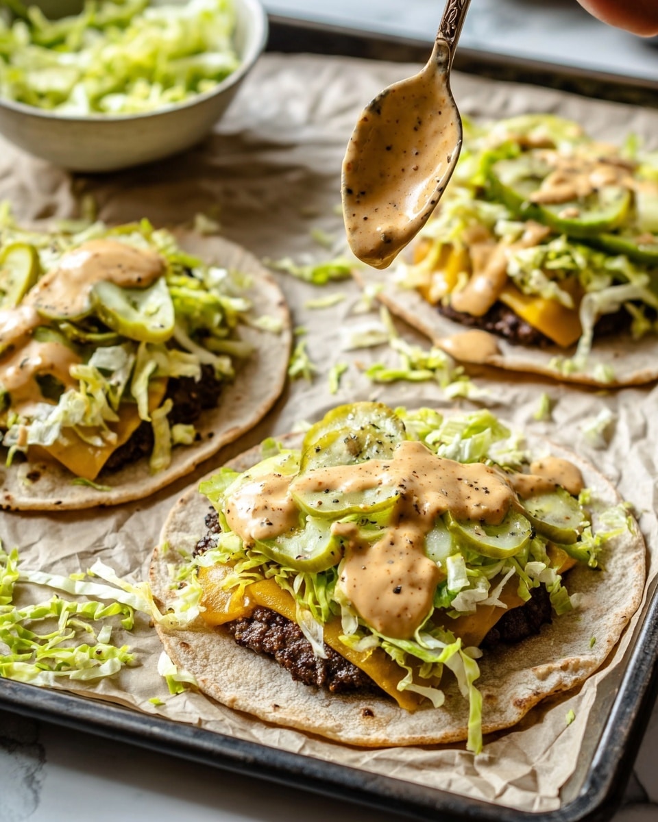 Three open-faced tacos lie on crumpled parchment paper on a dark tray. Each taco starts with a soft, light beige tortilla base. On top is a dark brown cooked patty, then a bright yellow slice of melted cheese. Over the cheese, fresh green shredded lettuce is spread. Thin pale green pickle slices are placed on the lettuce. A thick, creamy light brown sauce with black specks is being spooned onto the tacos from the left, adding a rich texture over the toppings. In the background, a bowl of shredded lettuce is slightly blurred, while some lettuce and sauce spill outside the tacos. The scene is set on a white marbled surface. Photo taken with an iphone --ar 4:5 --v 7