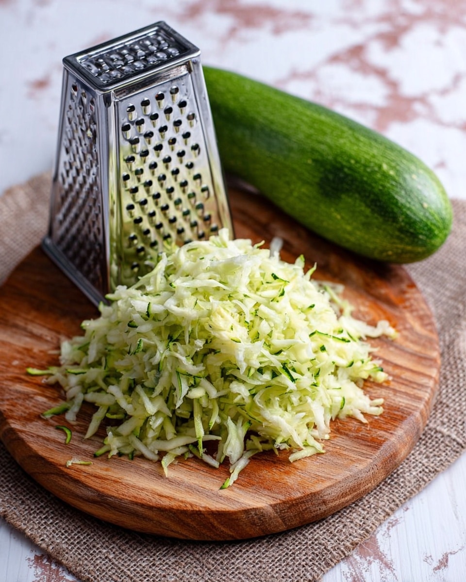The image shows a silver metal box grater placed on a round wooden board with a pile of freshly shredded light green zucchini in front of it. To the right of the grater and shredded zucchini, there is a whole medium-sized green zucchini resting on the wooden board. The wooden board sits on a piece of brown textured cloth, which lies on a white marbled surface with faint pinkish lines. The scene is lit softly, highlighting the fresh texture and slight moisture on the shredded zucchini. photo taken with an iphone --ar 4:5 --v 7