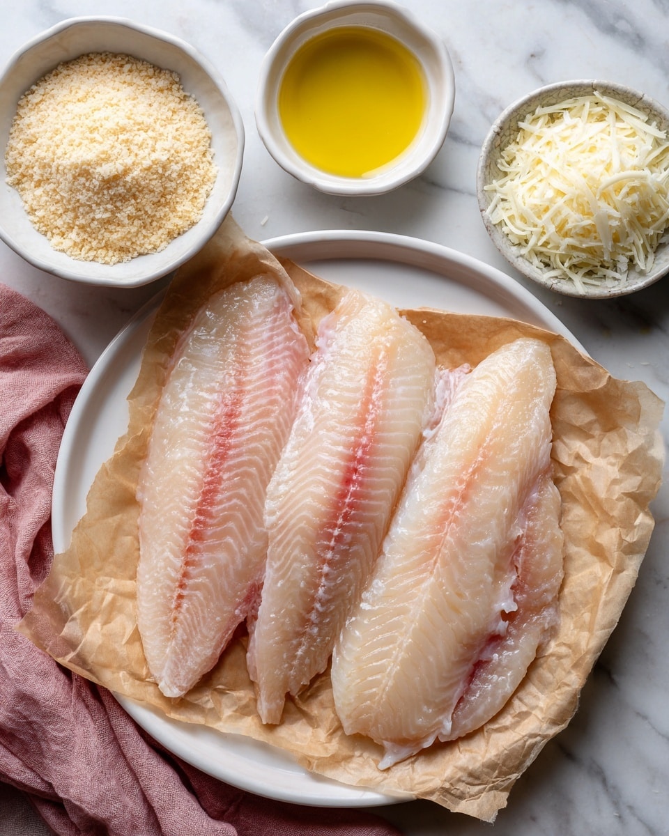 A white plate holds three raw tilapia fillets on a sheet of crumpled light brown paper, showing soft light pink and white flesh with smooth texture. Around the plate on a white marbled surface, there are three small white bowls: one at the top left filled with pale beige panko bread crumbs, one at the top right with melted golden-yellow butter, and one at the bottom right containing grated off-white Parmesan cheese. A soft pink cloth is partially visible at the bottom left corner. The overall setting is clean and bright with soft natural light, photo taken with an iphone --ar 4:5 --v 7
