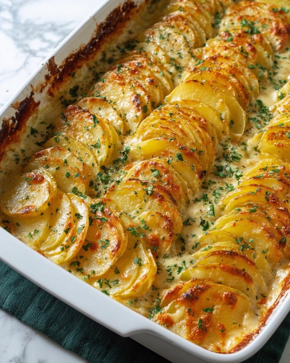 The image shows a white rectangular baking dish filled with layered sliced potatoes arranged in several neat rows. Each layer is thinly sliced and stacked closely together, showing a golden yellow to light brown color from baking. The potato layers appear soft and creamy with a slightly crisp top, sprinkled with finely chopped green herbs for color contrast. The creamy sauce is visible in between and around the potato layers, holding the dish together. The dish is placed on a white marbled surface with a dark green cloth partially visible under the dish. The golden edges of the potato layers create a textured look against the creamy and herb-sprinkled top. Photo taken with an iphone --ar 4:5 --v 7