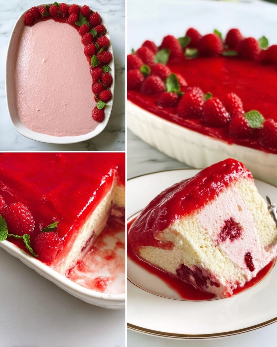 The image shows a layered dessert in four stages: an oval white dish filled first with a smooth pale pink creamy layer as the base, then topped with a bright red smooth sauce spread evenly over it. In the next stage, the same red sauce layer is decorated on one side with fresh raspberries and small green mint leaves, creating a colorful contrast against the red. The final image is a slice of the dessert on a white plate with a gold rim, revealing three visible layers: a bottom layer of sponge cake soaked with red syrup, a thick middle layer of pale pink creamy filling, and a top layer of bright red sauce. The white marbled background adds a clean, fresh setting. photo taken with an iphone --ar 4:5 --v 7
