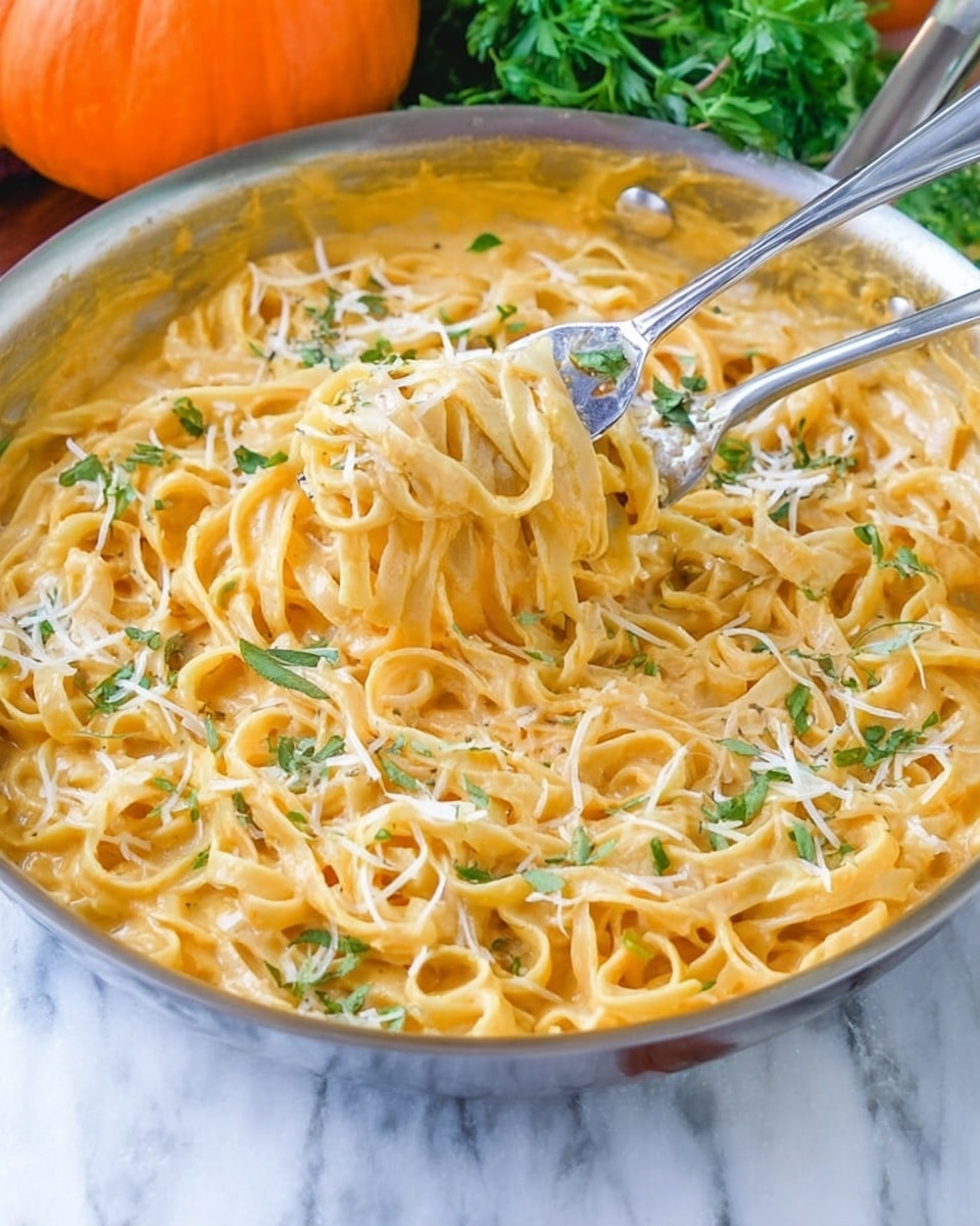 The image shows a white plate with a neat pile of creamy orange pasta in the center, topped with small green herb pieces for garnish. A shiny silver fork is standing upright, pierced into the pasta mound. In the background, there are two small orange pumpkins and some green herbs on a white marbled surface, creating a cozy autumn feel. The scene appears well-lit and focused on the pasta dish. photo taken with an iphone --ar 4:5 --v 7