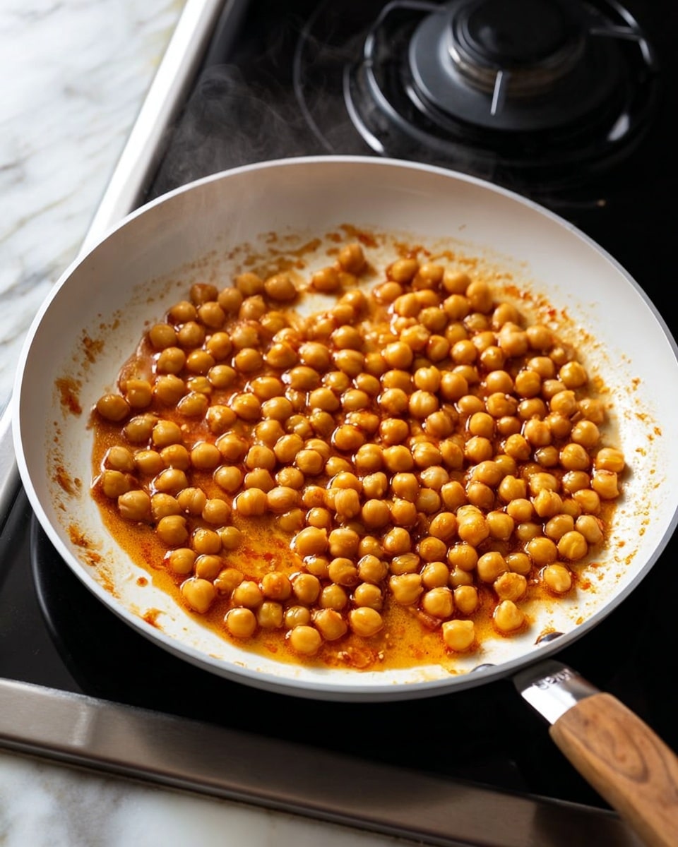 A white frying pan holds a single layer of chickpeas that are cooked in a thin orange sauce, spread evenly across the pan’s surface with some sauce pooling and sticking near the edges. The chickpeas are golden beige with a slightly glossy texture. The pan has a wooden handle and is situated on a black stovetop with a white marbled background barely visible in the back. Steam rises lightly from the pan indicating warmth. Photo taken with an iphone --ar 4:5 --v 7