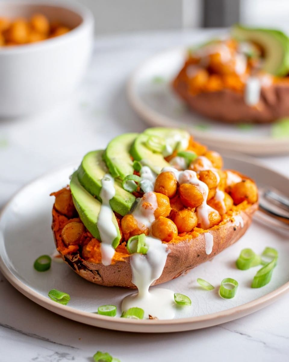 A baked sweet potato is halved and placed on a white plate with a white marbled surface. The potato is filled with round chickpeas cooked in a bright orange sauce. On top, there is a thick white creamy sauce that drips down the sides. Next to the chickpeas, thin slices of fresh green avocado are neatly arranged in a row. Small green onion pieces are sprinkled over the chickpeas and sauce, adding a fresh green color. In the background, there is another similar sweet potato on the same white marbled surface and a white bowl with more chickpeas, both softly blurred. photo taken with an iphone --ar 4:5 --v 7