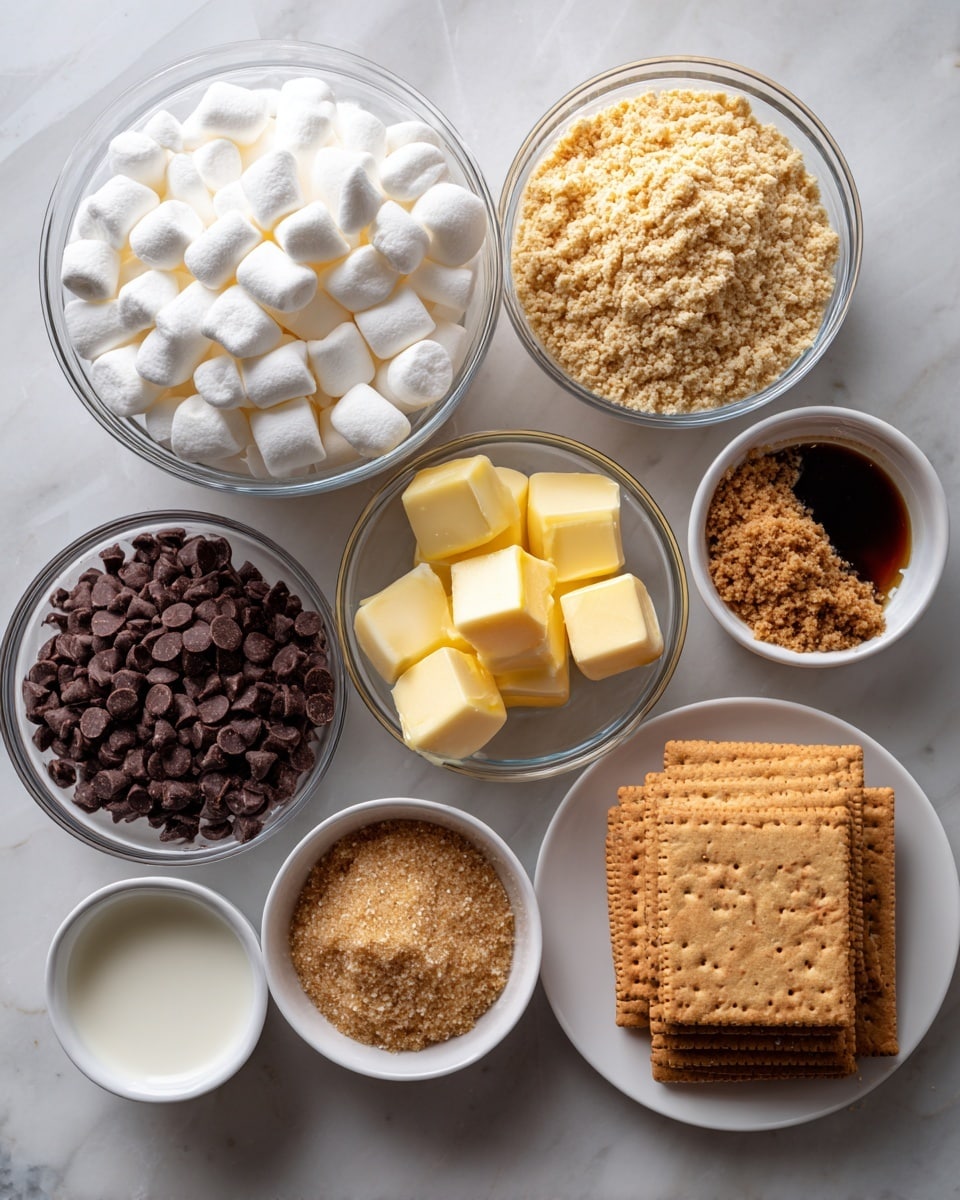 A top view of eight small clear bowls and plates with different baking ingredients arranged neatly on a white marbled surface. From left to right and top to bottom: a large bowl filled with white mini marshmallows with a soft texture, a medium bowl filled with fine light beige graham cracker crumbs, a small bowl with square pieces of pale yellow butter, a tiny bowl with dark brown vanilla extract, a medium bowl filled with smooth dark brown chocolate chips, a small bowl with white milk, a small bowl containing crumbly light brown sugar, and a stack of rectangular light brown graham crackers on a white plate. The arrangement shows each ingredient clearly with different colors and textures. photo taken with an iphone --ar 4:5 --v 7