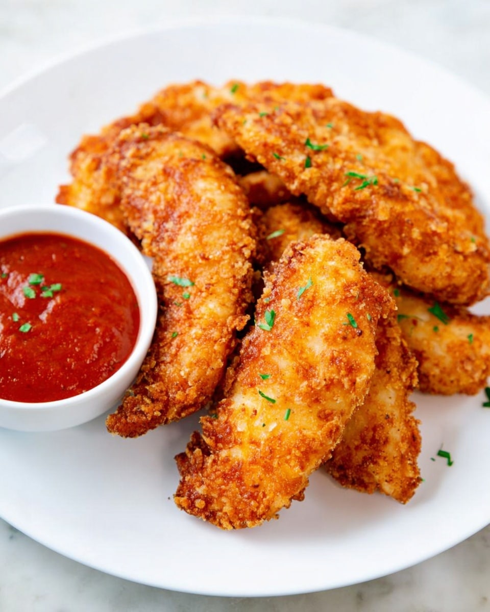 The image shows a white plate on a white marbled surface, holding five golden brown, crispy fried strips that look like chicken, arranged in a slight pile. Next to the strips on the plate, there is a small white bowl filled with thick, bright red sauce. Small bits of green herbs are sprinkled lightly over the chicken strips, adding a touch of color contrast against the golden and red. The details highlight the crunchy texture of the fried strips and the smooth, rich look of the sauce. photo taken with an iphone --ar 4:5 --v 7