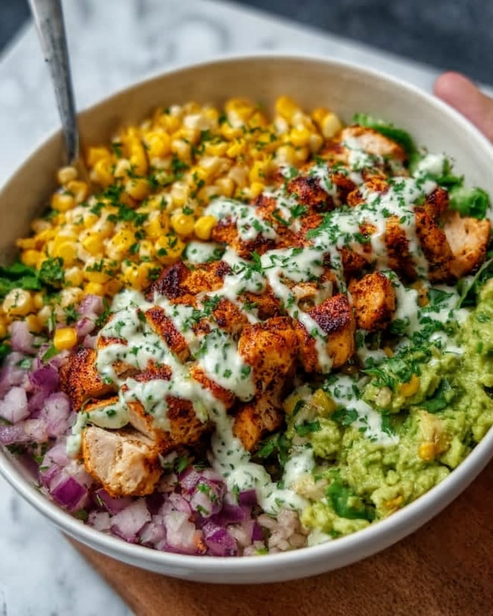 A white bowl filled with several colorful layers of food on a white marbled surface. The bottom layer is chopped red onions mixed with small green pieces on one side, next to bright yellow corn kernels. Above these, there are pieces of spiced cooked chicken arranged in a row, topped with a drizzle of creamy white sauce with green herbs. At the edge of the bowl, there is a green layer that looks like mashed avocado or guacamole. The woman's hand is holding a spoon near the bowl. Photo taken with an iphone --ar 4:5 --v 7
