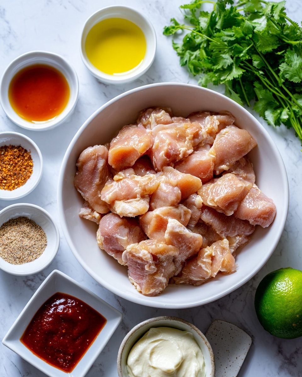 The image shows a white bowl filled with raw pieces of chicken thighs with pinkish and light beige tones, placed at the bottom center. Above and around the bowl, there are several small white bowls and a lime arranged on a white marbled surface. From the top left, there is a small round bowl with dark amber hot honey, next to it a round bowl with pale yellow olive oil, below the olive oil a round bowl filled with creamy white mayo, to the right a round bowl with shiny reddish-orange Thai chili sauce, and below it a round bowl with thick dark red sriracha sauce. To the left of the chicken bowl, a square white dish holds a mix of dry spices in shades of light brown, orange, and white salt. To the far right of the chicken bowl, there is a bunch of fresh green cilantro and a whole green lime. The light is soft and even, highlighting the textures and colors of each ingredient. Photo taken with an iphone --ar 4:5 --v 7