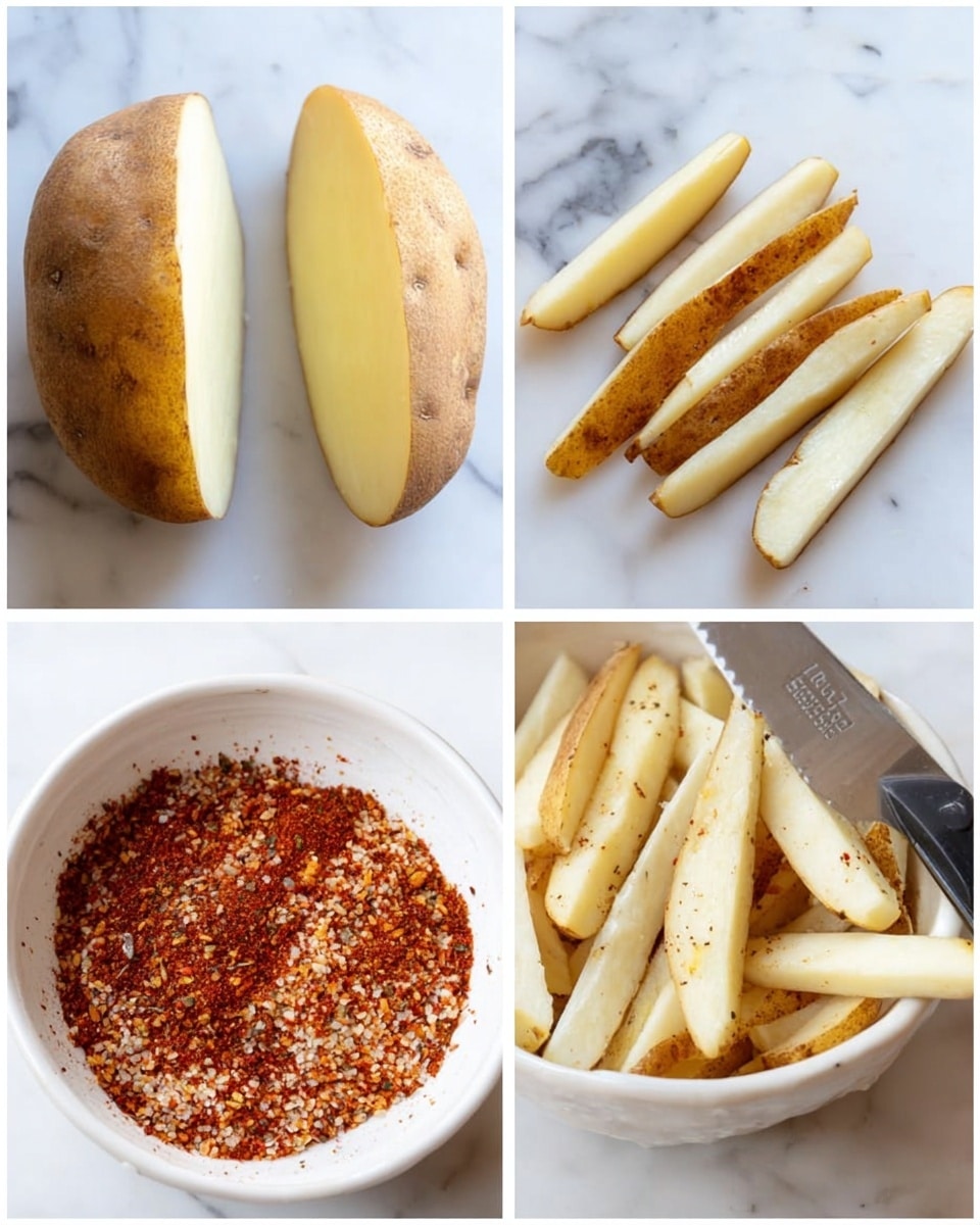 The image shows four steps to prepare seasoned fries on a white marbled surface. The first part shows a whole potato with one end sliced off, revealing its light yellow inside. The second part shows the sliced part of the potato cut into three thick slices placed next to the whole potato. The third part shows the potato sliced into thin strips, some with the brown skin on the edges and sprinkled with black pepper. The fourth part shows a white bowl filled with a red and brown seasoning mix. A knife is visible on the surface near the potato in the first two parts. photo taken with an iphone --ar 4:5 --v 7