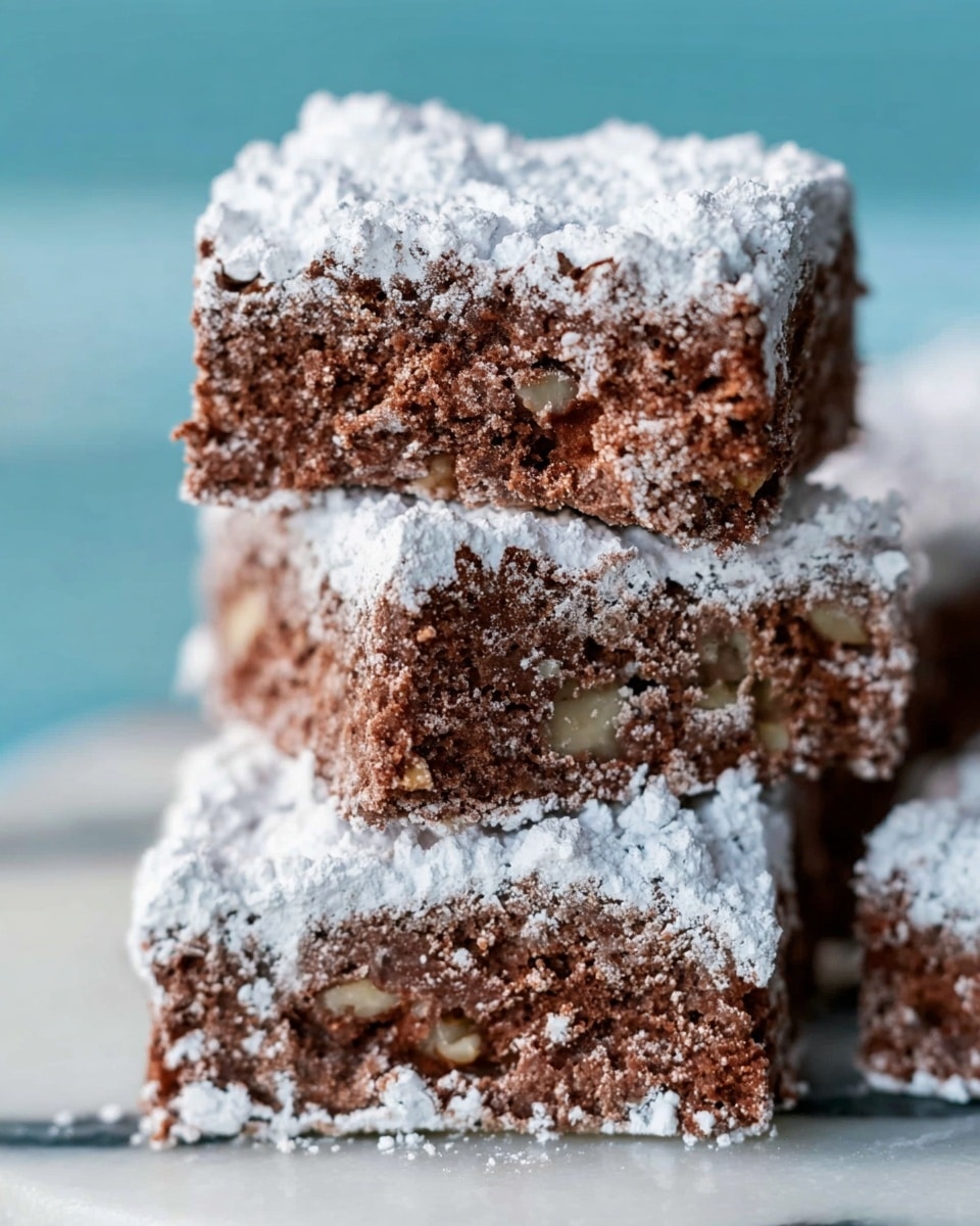A close-up view of three stacked chocolate dessert squares, each with visible layers of soft, dense, and slightly crumbly inside showing bits of nuts or chocolate pieces. The bars are coated with a thick layer of white powdered sugar, dusted unevenly around the edges and tops, giving the treats a snowy look. The background is a smooth white marbled surface with a soft gradient of light blue behind it. The focus is on the texture of the chocolate squares showing detail and softness, with the top square having a small bite taken from its corner. photo taken with an iphone --ar 4:5 --v 7