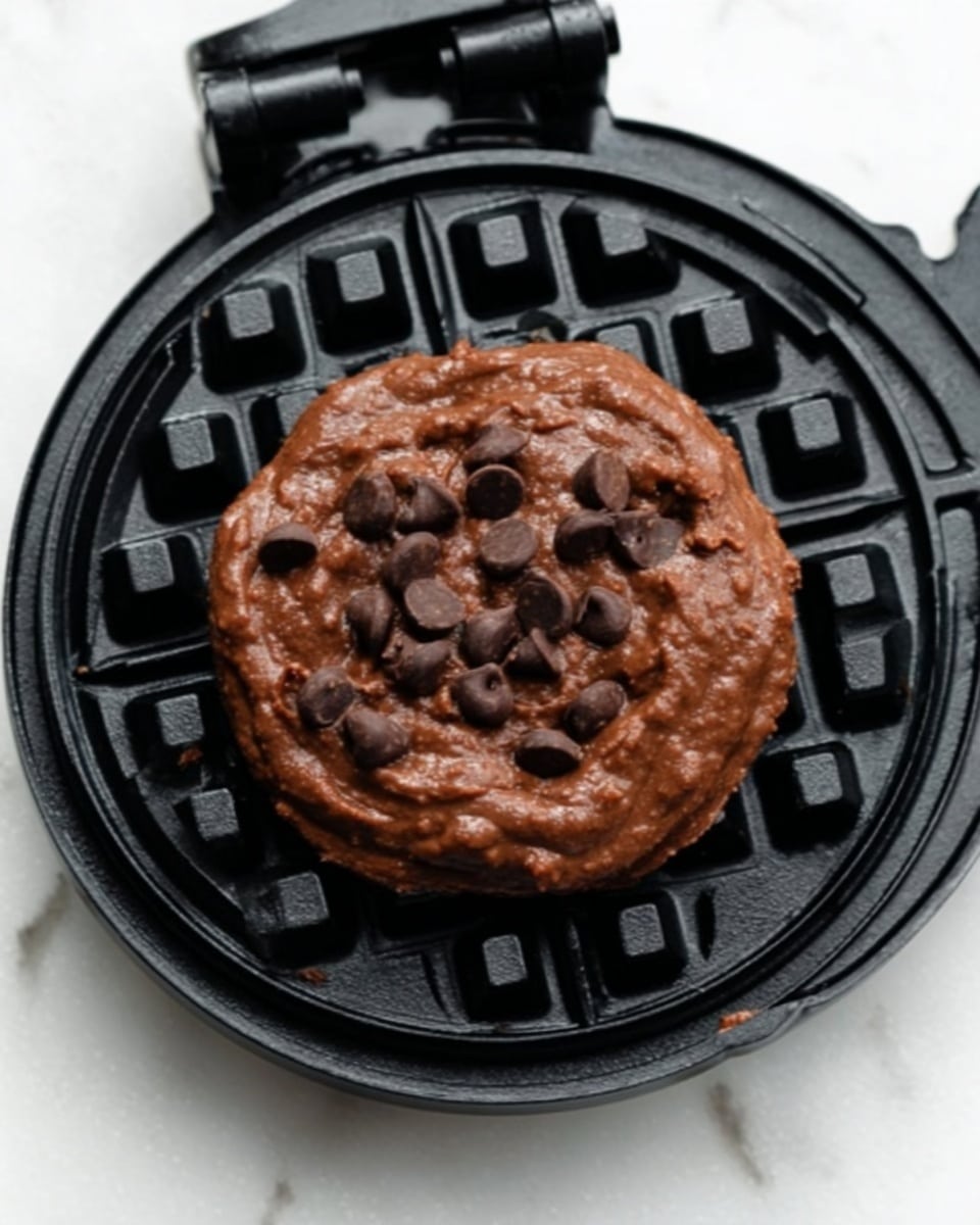A close-up view of a round waffle iron opened to show a smooth dark brown chocolate batter placed in the center with several small darker brown chocolate chips scattered on top. The waffle iron is black with a grid pattern, and the background surface is white marbled texture. Photo taken with an iphone --ar 4:5 --v 7