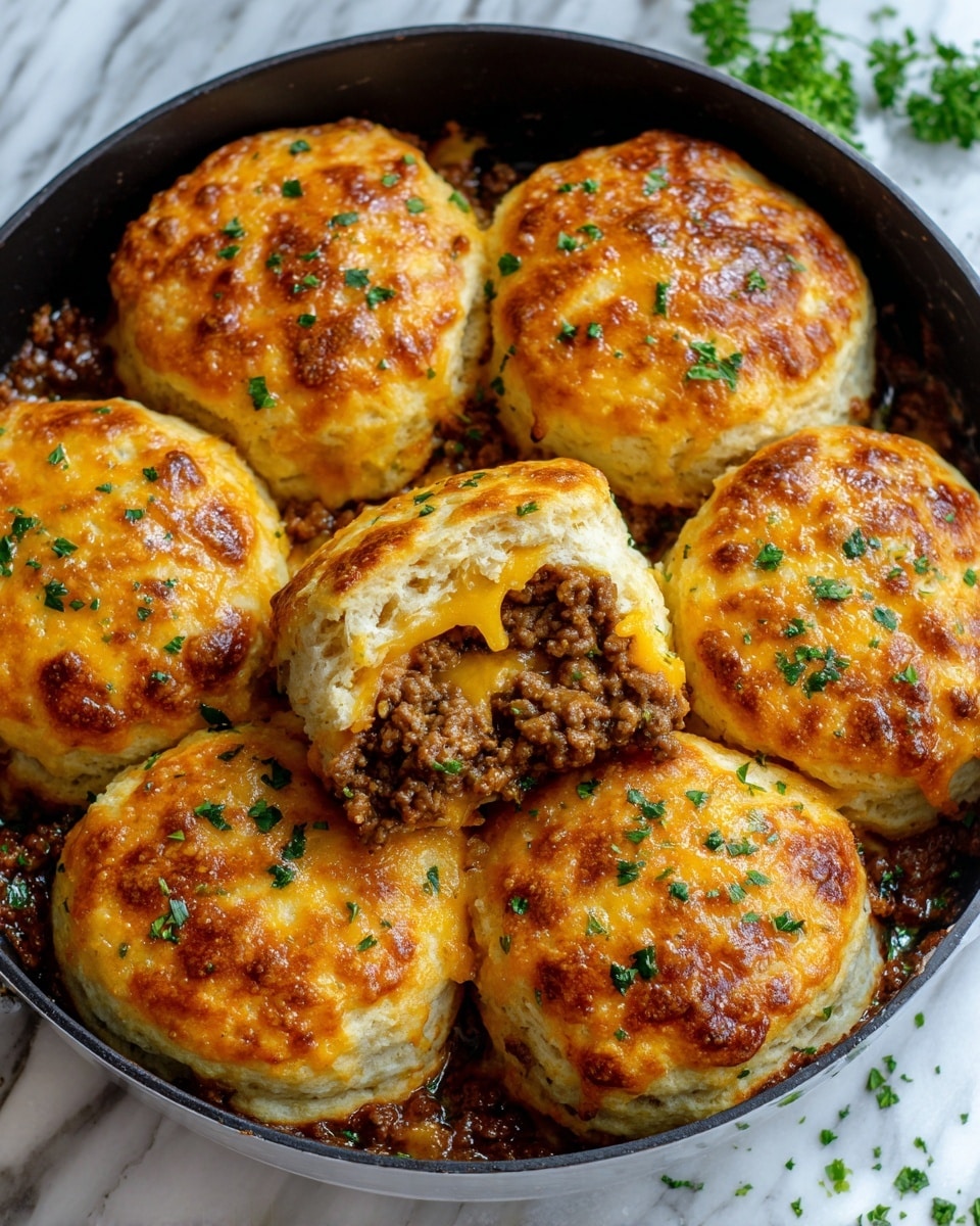A white bowl with a group of golden brown round biscuits, each topped with small sprinkles of green herbs. One biscuit in the front is split open showing three layers: a shiny, flaky biscuit crust on top and bottom, a bright orange melted cheese layer just below the top crust, and a crumbly cooked ground meat filling in the center. The biscuits have a soft, fluffy texture with a slightly glossy, golden crust under soft lighting. The bowl sits on a white marbled surface with some scattered green herbs around, creating a fresh and homely look. photo taken with an iphone --ar 4:5 --v 7