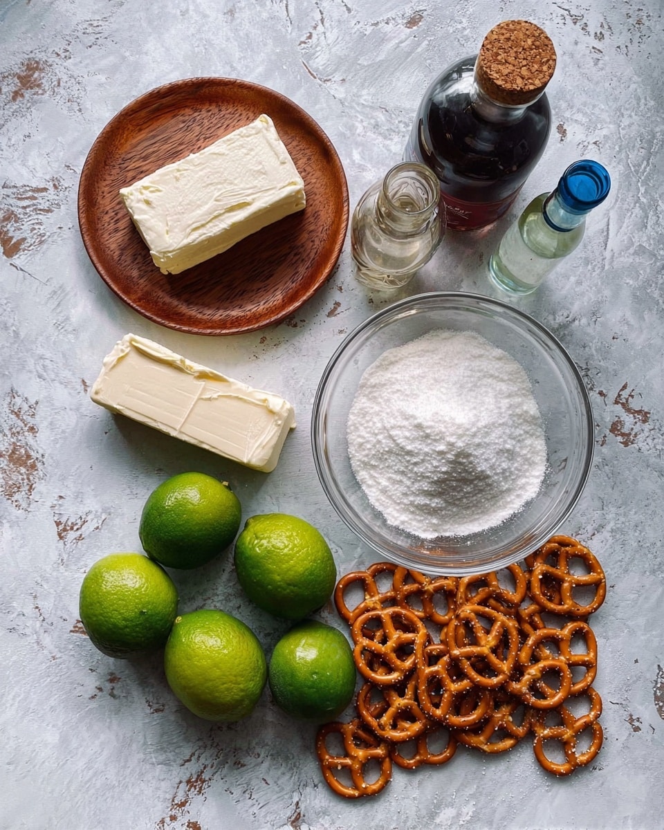 The image shows a collection of baking ingredients arranged on a white marbled surface. There is a block of cream cheese placed on a small wooden plate in the upper left, a stick of butter partially unwrapped near the top center, a clear glass bowl filled with white powdered sugar near the bottom center, and three bright green limes clustered together on the left side. Scattered around the ingredients are many small pretzels, some grouped and some spread out. In the upper background, there are two bottles—a dark bottle with a wooden cap and a clear bottle with a blue cap. photo taken with an iphone --ar 4:5 --v 7