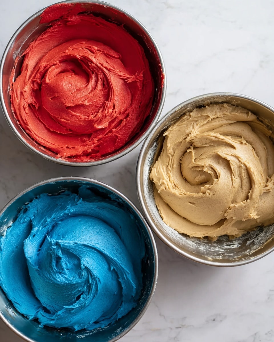 Three round metal bowls sit on a white marbled surface, each filled with smooth dough swirled into the center. The top right bowl contains light tan dough with a slightly cracked texture. The top left bowl holds bright red dough, thick and pliable, swirled tightly. The bottom bowl contains vivid blue dough with a soft, slightly cracked surface. Each dough looks fresh and evenly colored, with the swirls showing the smooth texture. photo taken with an iphone --ar 4:5 --v 7