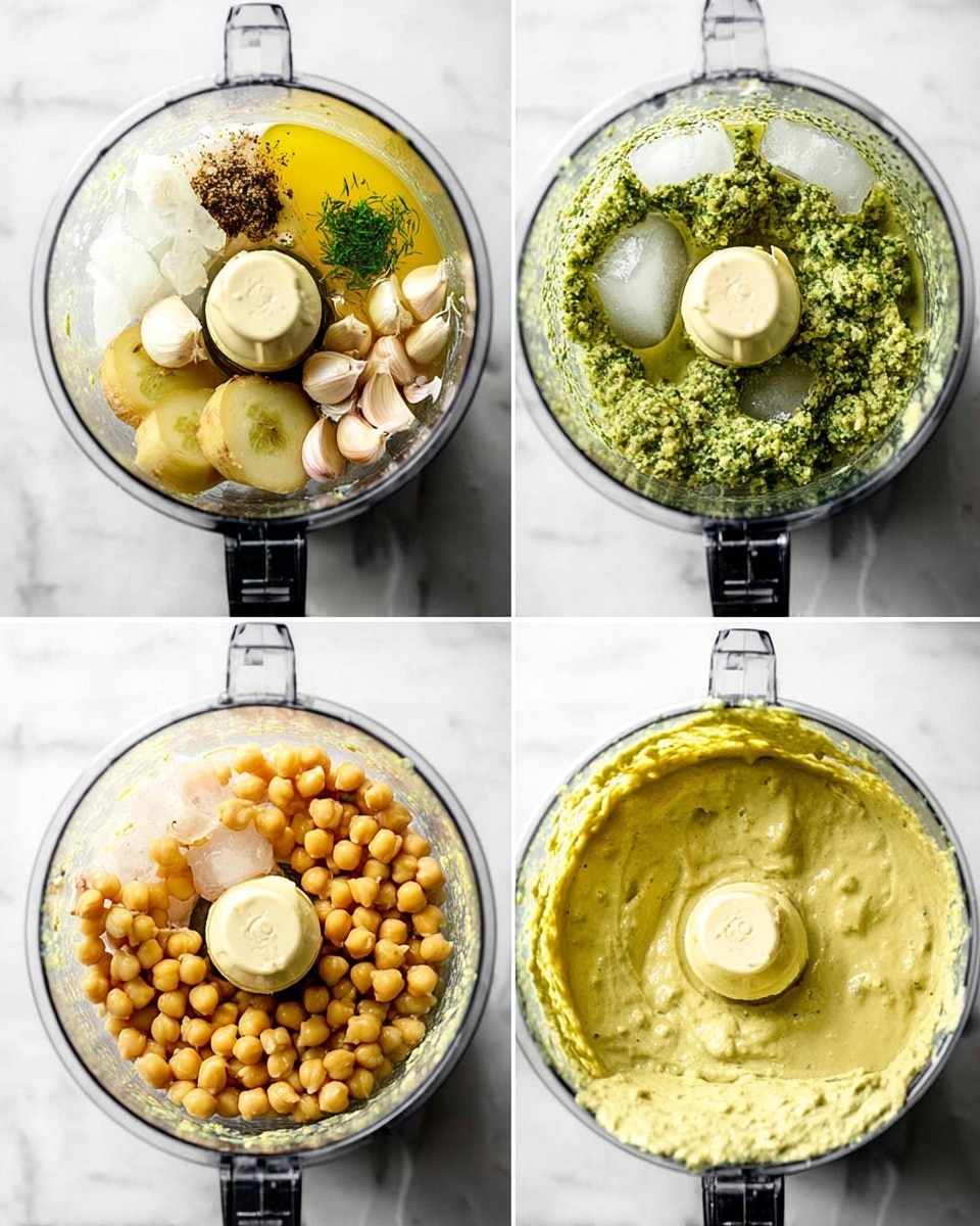 The image shows four close-up shots of a food processor on a white marbled surface with clear sides, capturing the making of a creamy mixture. The first image, top-left, has one layer showing ingredients including whole garlic cloves, herbs, chopped pickles, a yellow liquid, and some solid chunks, all arranged on the bottom around the blade. The second image, top-right, shows the mixture blended into a thick, pale green creamy texture with green herb specks spread on the sides inside the processor. The third image, bottom-left, adds a layer of golden chickpeas topped with a few ice cubes sitting loosely on top before blending. The fourth image, bottom-right, displays the final smooth light yellow-green creamy mixture evenly mixed and filling the base of the processor with bubbles on the surface. Photo taken with an iphone --ar 4:5 --v 7