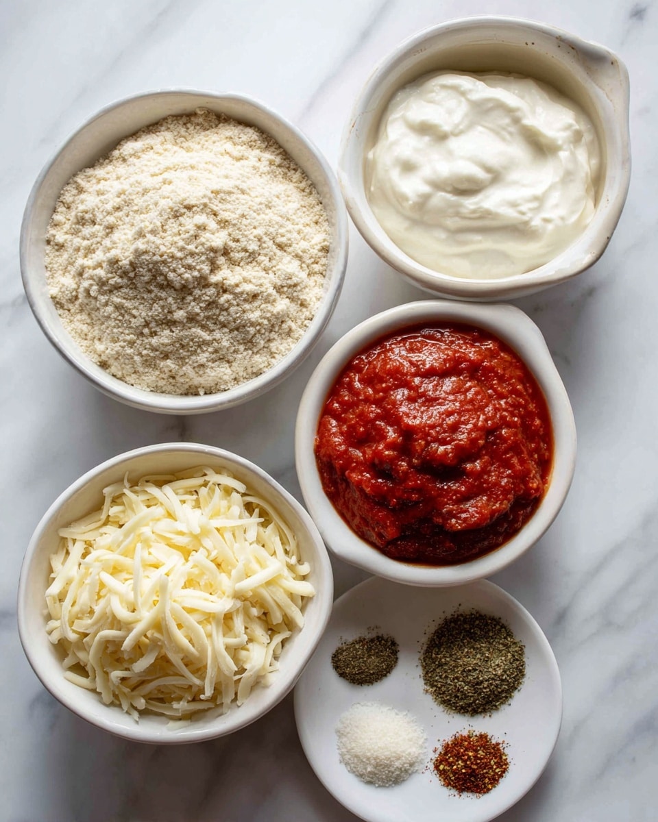 Five small white bowls with ingredients are shown from above on a white marbled surface. The top left bowl holds light beige gluten-free all-purpose flour with a coarse texture. On the top right, close by, is a bowl filled with smooth, thick white plain Greek yogurt. Below the flour bowl is a bowl with rich red pizza sauce, thick with visible tomato chunks. To the right, a small white plate has three neatly placed piles of dry spices: light tan garlic powder, gray salt, and greenish Italian seasoning, as well as a small pile of light beige baking powder. At the bottom, a white bowl contains shredded pale yellow mozzarella cheese with a soft texture. Photo taken with an iphone --ar 4:5 --v 7