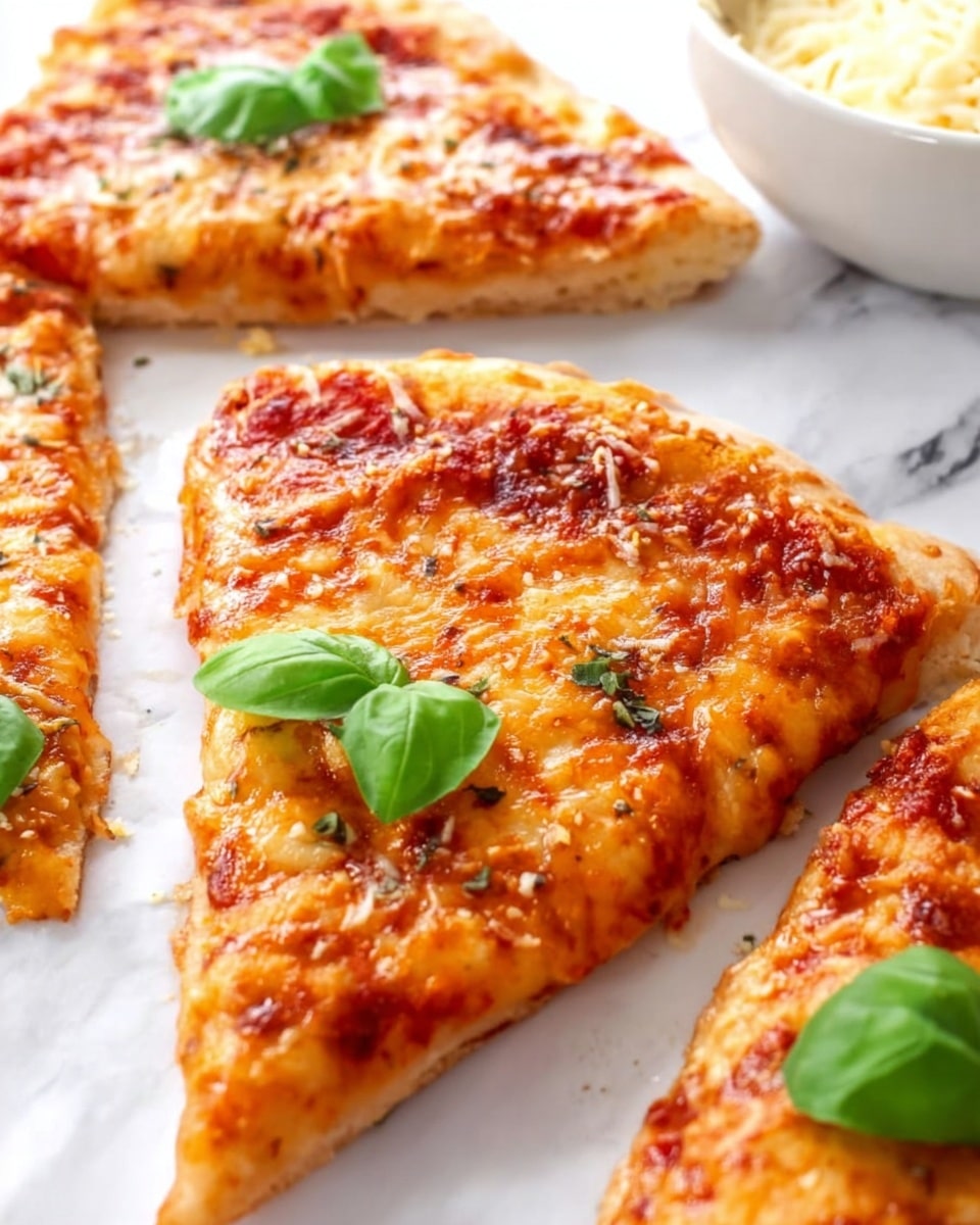 The image shows three slices of cheese pizza placed on a white marbled surface. Each slice has a golden-brown crust with a slightly crispy texture on the edges. The layers include a thin crust base of light golden color, a spread of rich red tomato sauce beneath a thick layer of melted yellow-orange cheese that looks bubbly and creamy. Small bits of herbs and spices are sprinkled lightly on top of the cheese. Fresh green basil leaves are placed on two of the slices, adding a bright contrast to the warm colors of the pizza. In the background, there is a white bowl with shredded cheese. The photo taken with an iphone --ar 4:5 --v 7