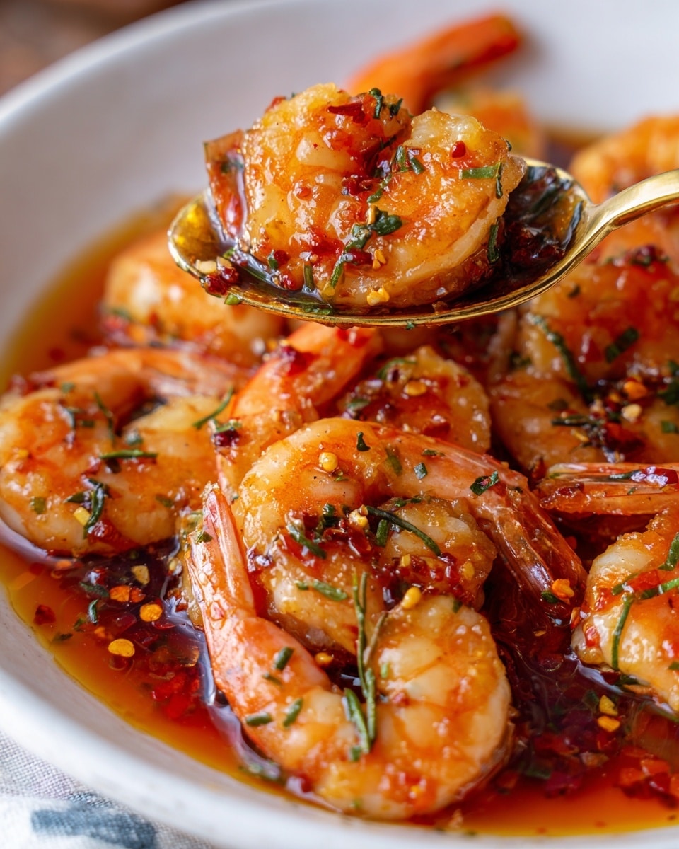 A close-up image of cooked shrimp coated in a rich reddish-orange sauce, with small bits of herbs and red pepper flakes scattered on top. The shrimp are curled and glistening, resting in a shallow pool of sauce that has small green cilantro pieces floating in it. A gold spoon is lifting one shrimp in the middle of the dish, showing its textured surface. The background is a white marbled texture. photo taken with an iphone --ar 4:5 --v 7