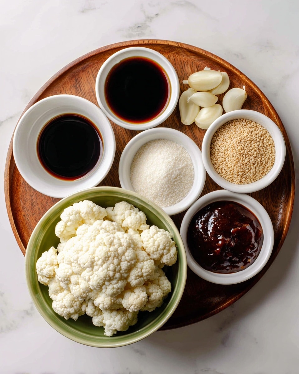 A round wooden tray is placed on a white marbled surface, holding seven small white bowls and one larger green bowl. The largest green bowl on the bottom left is filled with white cauliflower florets, showing their rough, bumpy texture. Around it in a circle are small white bowls containing different ingredients: the top left has dark soy sauce with a smooth liquid surface, next to it is a light greenish clear rice vinegar, then two garlic cloves in plain white, followed by a powdery white corn starch, a small heap of brown sugar with a grainy texture, a bowl full of whole beige grains, and lastly, a glossy dark hoisin sauce with a thick texture. Each ingredient is clearly labeled with black text on white background near the respective bowl. Photo taken with an iphone --ar 4:5 --v 7