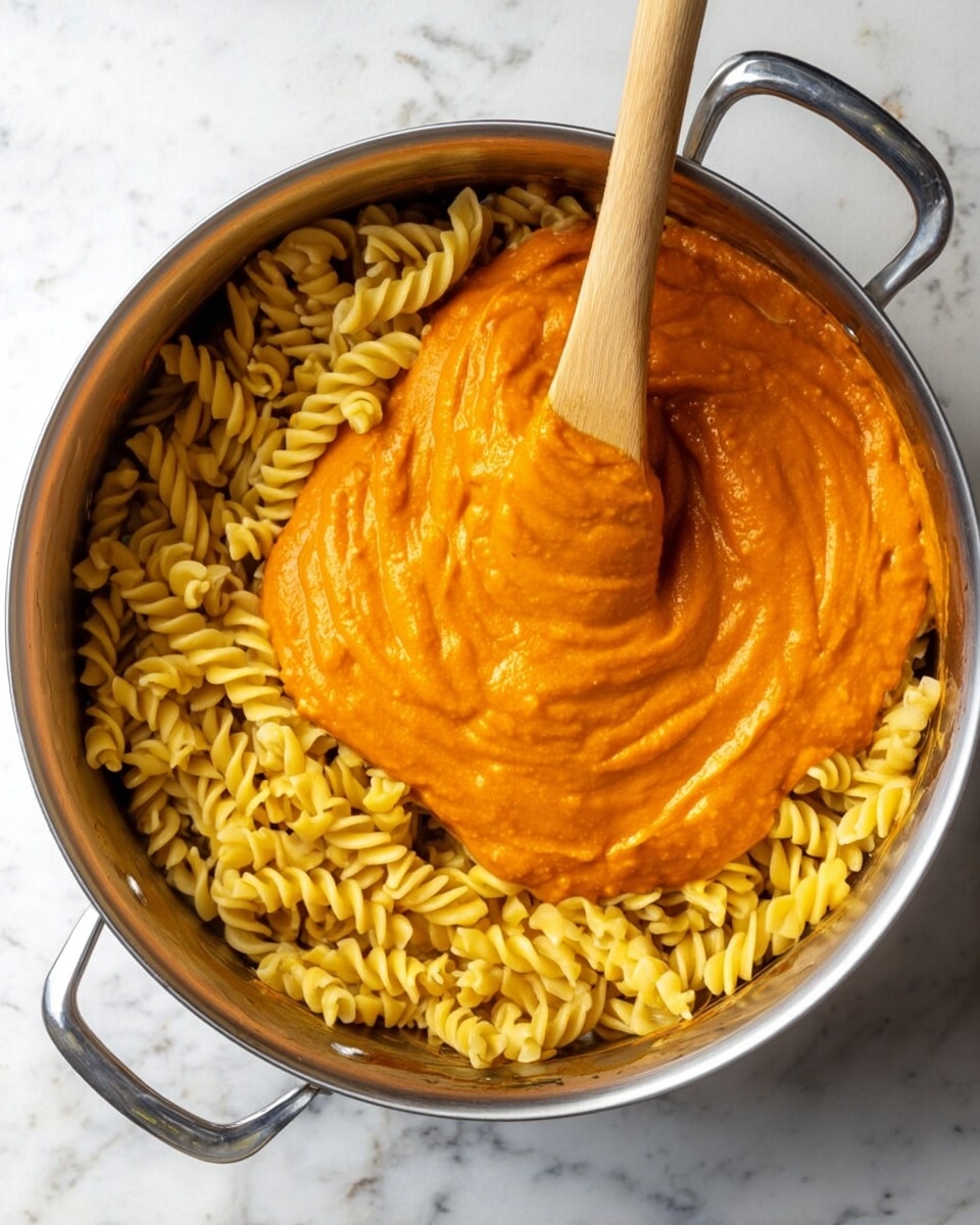 A top view of a stainless steel pot filled with yellow twisted pasta as the base layer, with a thick, smooth, bright orange sauce being poured on top and partially spread using a wooden spoon placed vertically in the center of the pot. The pot is set on a white marbled surface. photo taken with an iphone --ar 4:5 --v 7