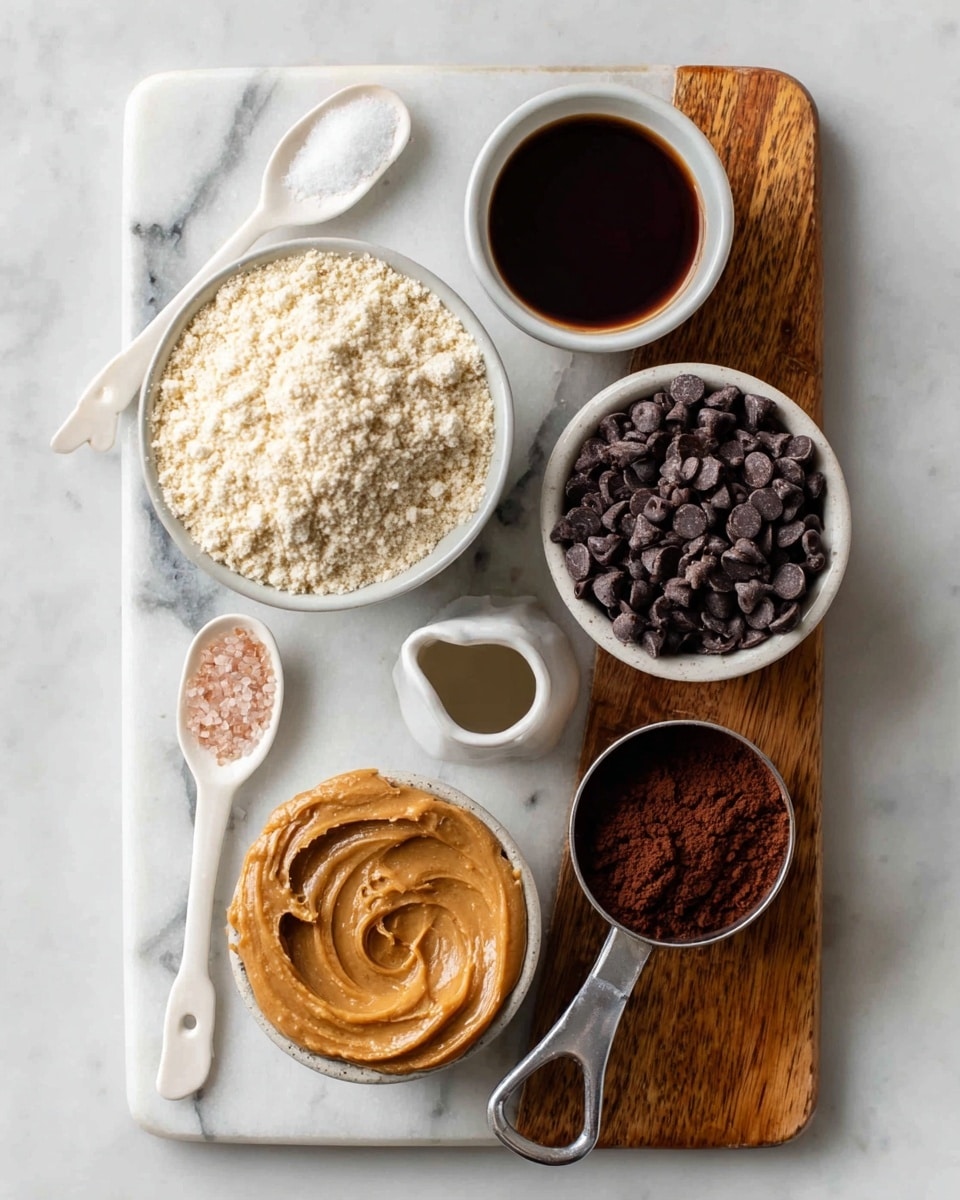 An overhead view of a white marble board with a small wooden section on the top right corner. On the marble part, there are two white ceramic spoons with small amounts of white solid and pink salt. Above them is a small white bowl filled with dark brown liquid. To the right of the bowl is a small white jug filled with a darker liquid. On the wooden section, a round white bowl holds creamy brown peanut butter in the center. Above and to the right, a metal measuring cup filled with dark chocolate chips sits beside a similar metal cup filled with cocoa powder. On the top left of the marble board, a larger white bowl filled with almond flour completes the arrangement. The photo taken with an iphone --ar 4:5 --v 7