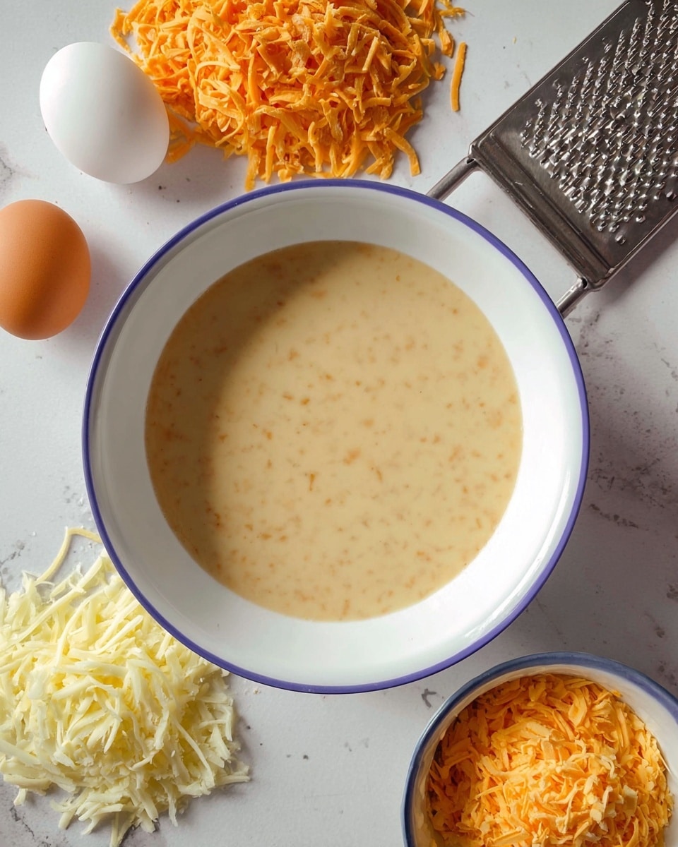 A large white bowl with a thin blue rim sits in the center holding one layer of light brown liquid. Above the bowl on a white marbled surface lies a white egg, a pile of orange shredded cheese, a metal grater, and a smaller pile of light yellow shredded cheese. Near the bottom right, a smaller white bowl with a thin blue rim contains a mix of shredded orange and white cheese. photo taken with an iphone --ar 4:5 --v 7