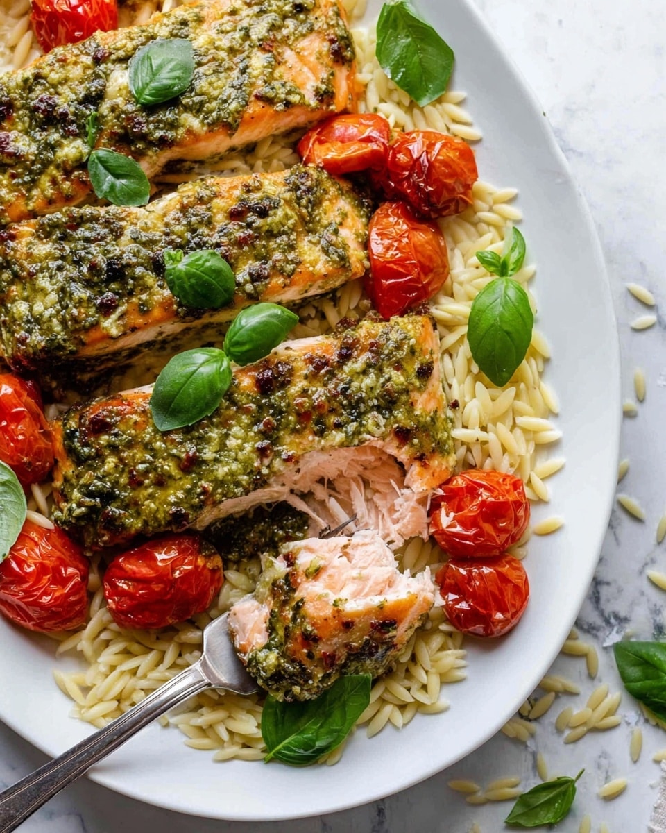 The image shows a white plate with three pieces of cooked salmon covered with a green pesto sauce. The salmon pieces lay on a bed of light yellow orzo pasta. Around the salmon, there are bright red roasted cherry tomatoes, some bursting open, and fresh green basil leaves scattered on top and around the dish. One piece of salmon is slightly lifted by a fork, revealing the soft, pink inside of the fish. The plate is set on a white marbled surface with a few loose pieces of orzo and basil leaves nearby. Photo taken with an iphone --ar 4:5 --v 7