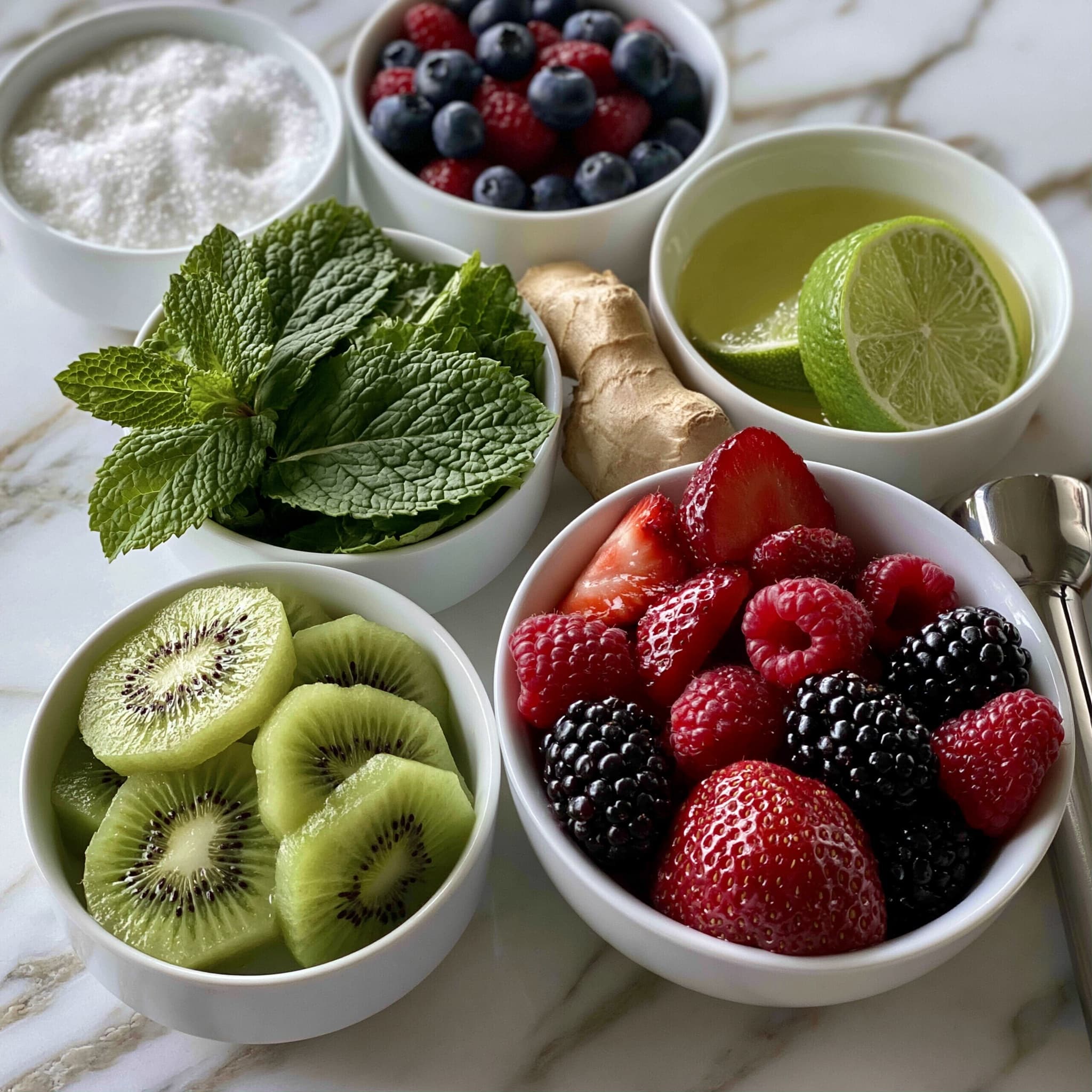 A white bowl is filled with one large, bright green scoop of kiwi-flavored ice cream in the center, covered with small black kiwi seeds. Around the scoop, several fresh, round kiwi slices with bright green flesh and black seeds are arranged neatly, some overlapping the ice cream. A golden spoon is placed inside the bowl on the right side, sticking out. The bowl sits on a surface with white marbled texture. photo taken with an iphone --ar 4:5 --v 7