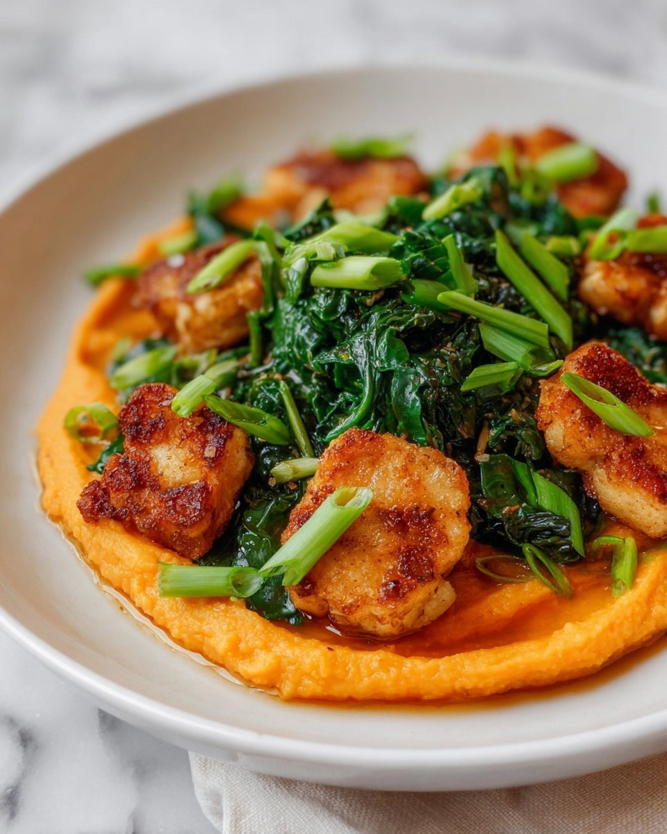 The dish shows a white plate with three layers: the bottom layer is a smooth, orange puree spread evenly in a circle, the middle layer is bright green cooked leafy greens placed on top of the puree, and the top layer consists of golden-brown crispy pieces arranged over the greens. Small green sliced scallions are sprinkled on top, adding fresh contrasting color. The background is a white marbled surface. photo taken with an iphone --ar 4:5 --v 7