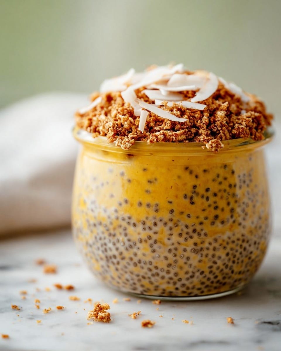 The image shows a clear glass jar filled with two main layers: the bottom layer is a thick, yellow pudding-like mixture filled with small black chia seeds, creating a speckled effect; the top layer is a textured mix of light brown crumbles, giving a crunchy appearance, topped with thin, white coconut flakes. The jar sits on a white marbled surface with some scattered crumbles and coconut pieces around it, and the background is softly blurred with light green and white tones. photo taken with an iphone --ar 4:5 --v 7