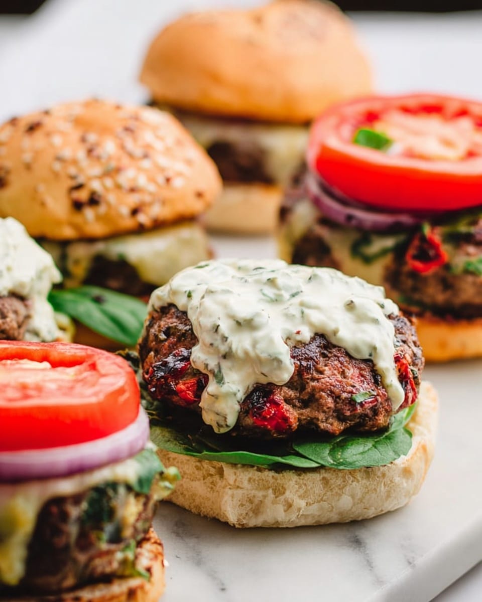 The image shows a close-up of several burgers on a white marbled surface. One burger in front has a white bun bottom with fresh green spinach leaves, a thick grilled patty with visible red roasted peppers and green herbs, topped with a creamy white sauce with green specks, and an open top bun behind with sliced tomato and onion rings. Other burgers in the background have sesame seed buns, with layers of tomato slices, melted white cheese, and red onion on thick patties. The texture of the buns looks soft and slightly toasted, with the sauces dripping slightly on the sides. photo taken with an iphone --ar 4:5 --v 7