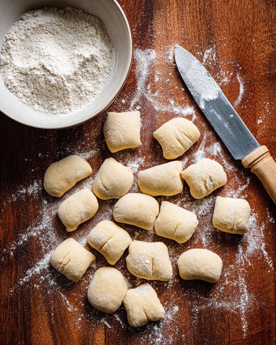 Small pieces of pale dough are scattered on a dark wooden surface lightly dusted with white flour. To the left, there is a white bowl filled with more white flour. On the right side, a knife with a light wooden handle and a silver blade rests on the surface. The dough pieces are soft and slightly rounded, showing smooth texture and light shadows beneath them. The whole scene has a warm tone. Photo taken with an iphone --ar 4:5 --v 7