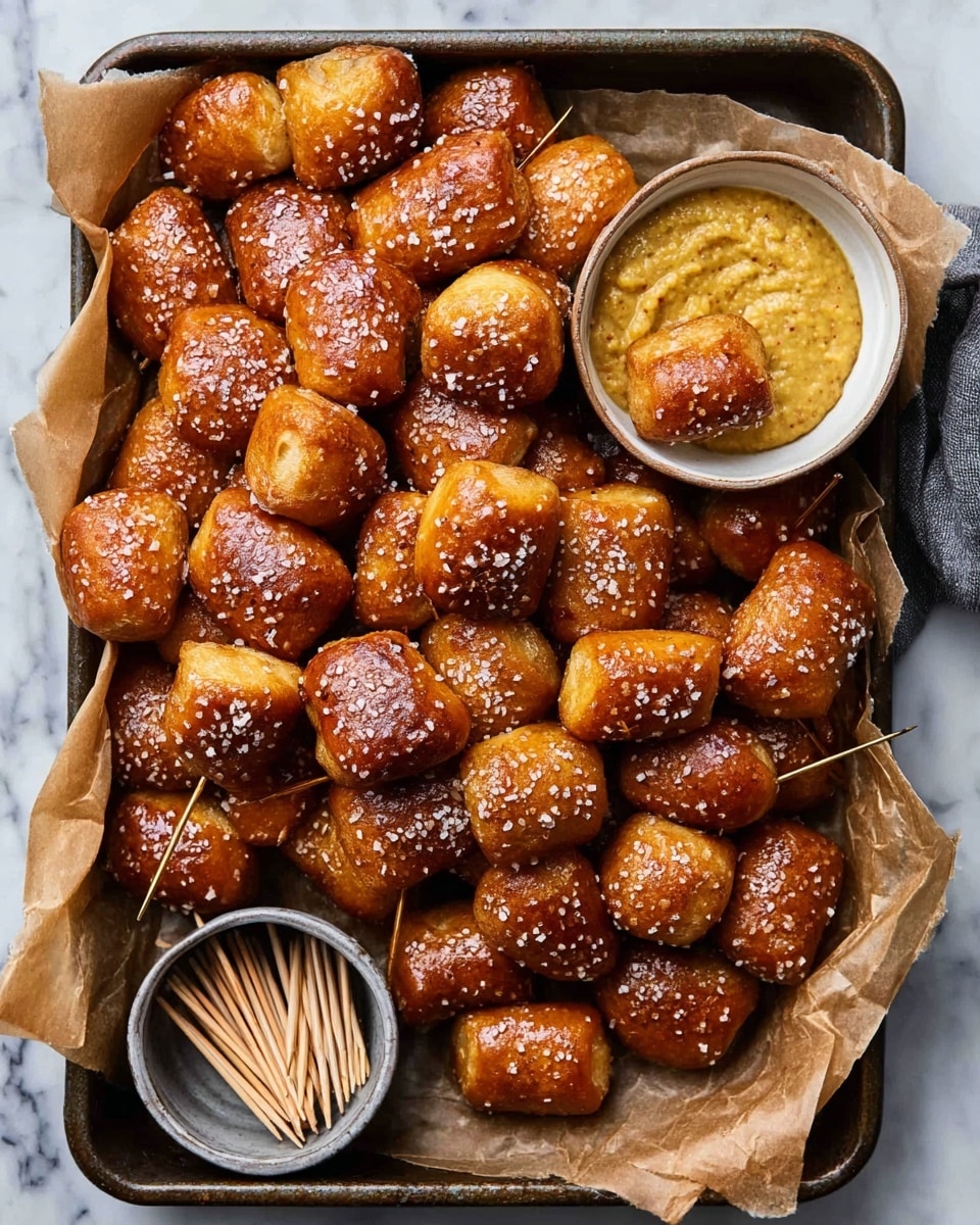 A dark metal tray lined with brown parchment paper filled with many small, shiny golden brown soft pretzel bites sprinkled with coarse salt; on the top right corner inside the tray, there is a white bowl filled with grainy yellow mustard, and one pretzel bite with coarse salt is on a toothpick stuck into the mustard; in the bottom left corner of the tray, a small silver bowl holds several wooden toothpicks; all placed on a white marbled surface photo taken with an iphone --ar 4:5 --v 7