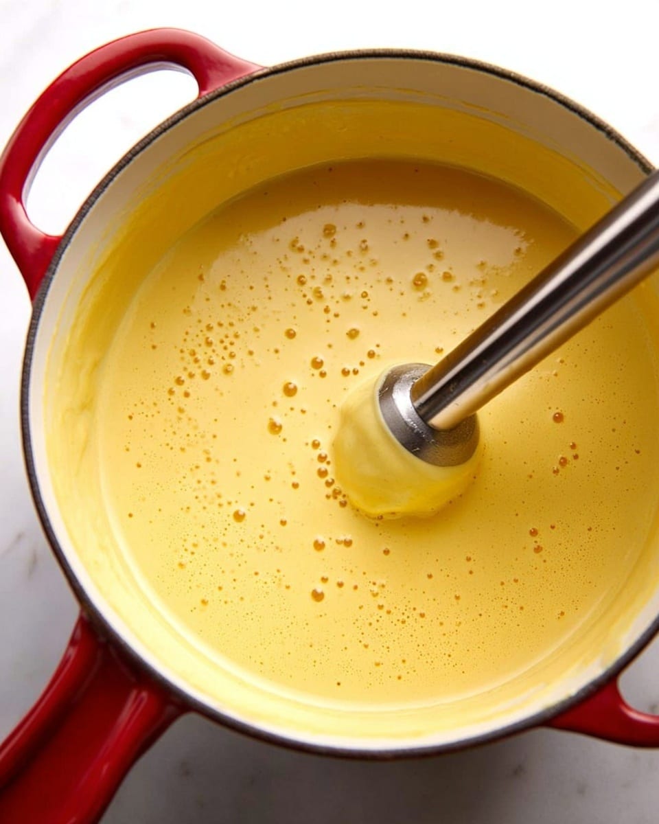 A close-up view of a white pot with a red handle filled with smooth, creamy yellow sauce with small bubbles on the surface. A silver immersion blender is immersed in the sauce, blending the mixture, creating a thick and even texture. The pot is placed on a white marbled surface. photo taken with an iphone --ar 4:5 --v 7