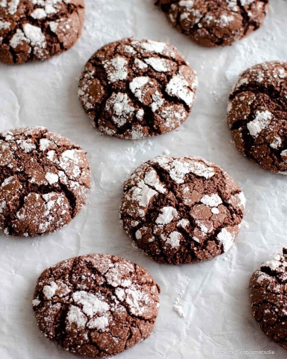 The image shows several round chocolate cookies with a cracked surface, arranged loosely on white baking paper over a white marbled surface. Each cookie has a dark brown, textured base with uneven white powdered sugar spots that highlight the cracks. The cookies vary slightly in size but have a soft, rough look, with small cracks and patches of powdered sugar giving a rustic feel. The top view emphasizes the crumbly texture and irregular shapes of the cookies. photo taken with an iphone --ar 4:5 --v 7