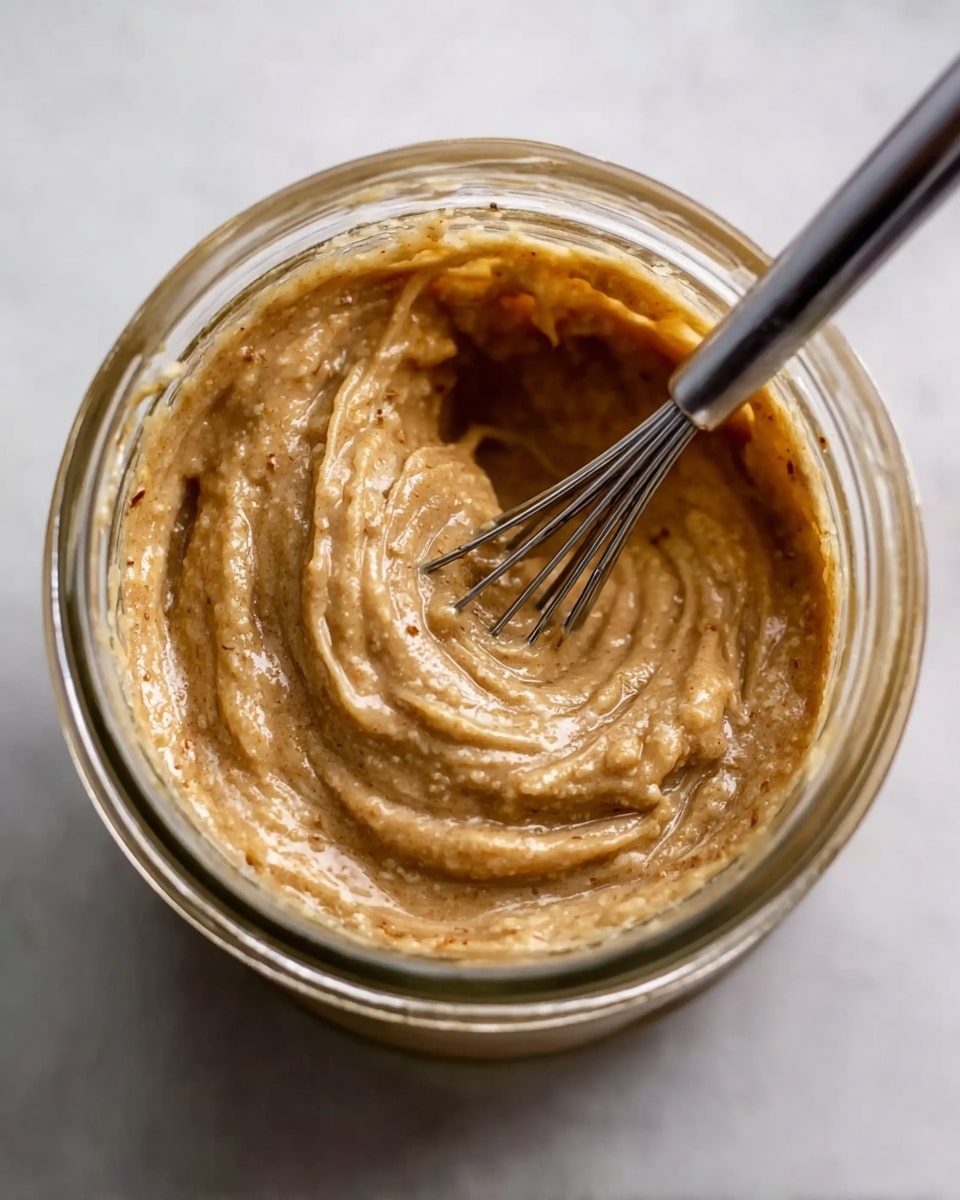A close-up view inside a glass jar showing a thick, creamy mixture with a light brown color and slightly grainy texture. The mixture fills nearly the whole jar and has a small stainless steel whisk partially submerged in it, creating swirled patterns on the surface. The jar is placed on a white marbled surface, and soft natural light highlights the texture and color of the mixture. photo taken with an iphone --ar 4:5 --v 7