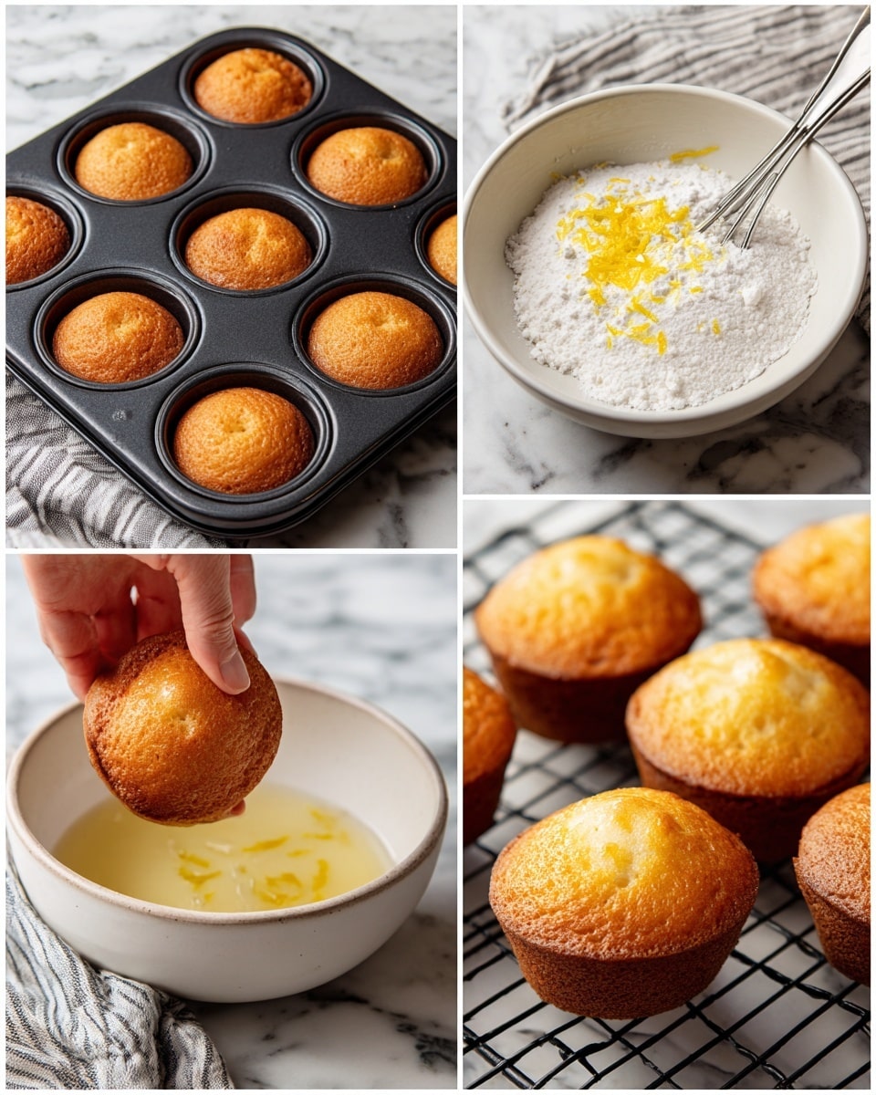 The image shows a four-part collage of a recipe preparation process on a white marbled surface. The first image has a white bowl filled with a fine white powder, likely flour, placed on the surface with two blue and pink utensils on the top left. The second image shows a woman’s hand holding a light blue measuring cup pouring a yellow liquid, possibly melted butter, into a small metal bowl. The third image captures a white bowl filled with flour while the same yellow liquid is being poured into it from the metal bowl. The fourth image displays the white bowl containing several ingredients: one yellow egg yolk, some white creamy substance, and a bit of finely grated yellow zest on top, with a metallic mixer placed in the bowl ready to blend the ingredients. Photo taken with an iphone --ar 4:5 --v 7
